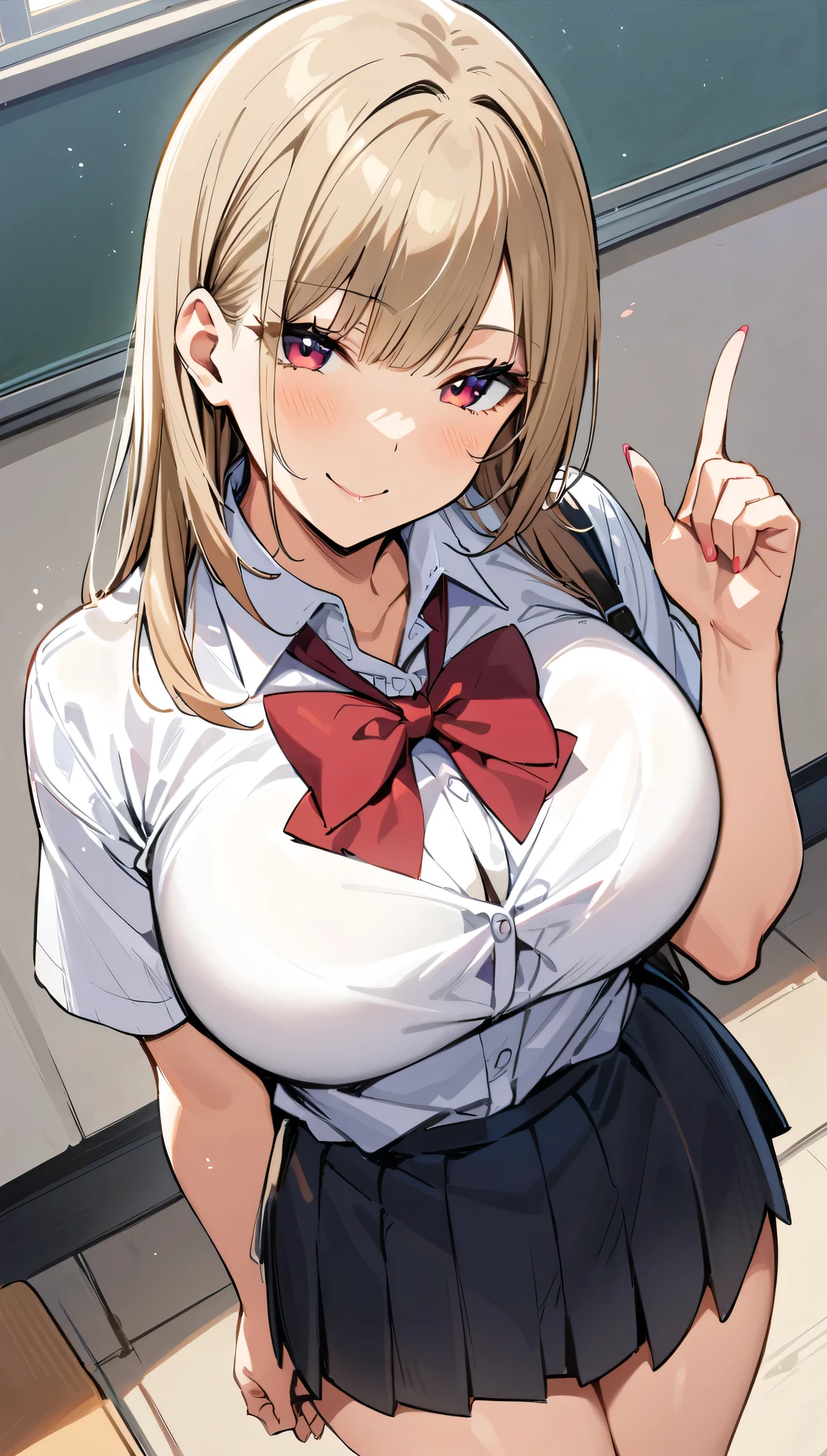 Marin Kitagawa,from above,masterpiece, best quality, highres, JK,huge tit,1girl,full body,breasts,looking at viewer,smile,pleated skirt,shirt tucked in,skirt,tented shirt,bowtie,in school