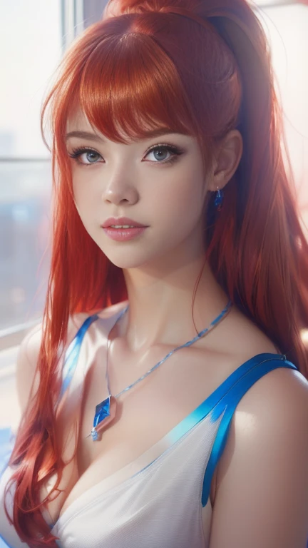 there is a woman with red hair and a blue dress, photorealistic anime girl render, alena aenami and artgerm, redhead girl, 8k artgerm bokeh, alexandra fomina artstation, style artgerm, gorgeous digital painting, amouranth, portrait of asuka langley soryu, beautiful alluring anime woman, beautiful anime woman