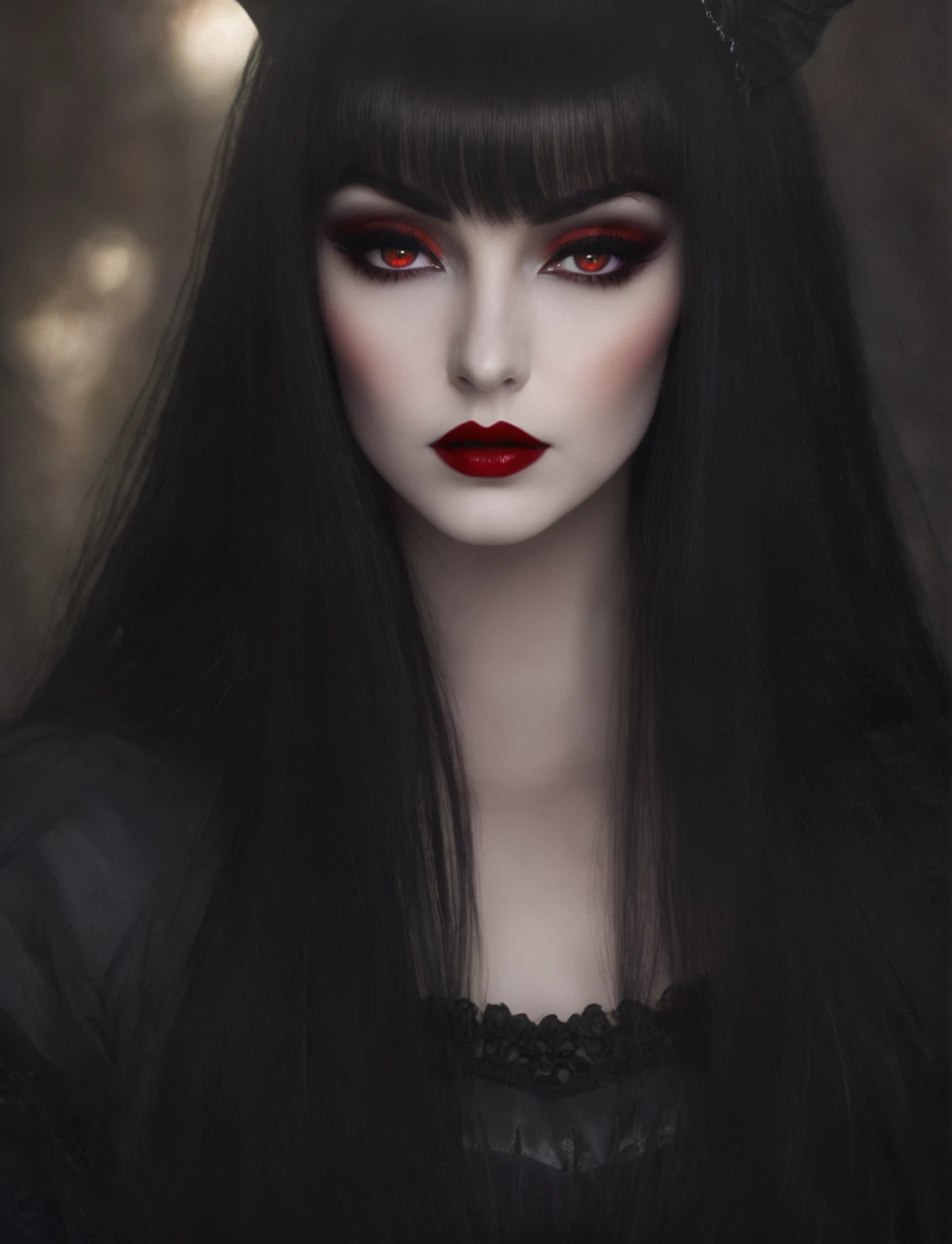 a close up of a woman with long black hair and red eyes,  earley, with haunted eyes and dark hair, portrait of a dark witch, vampire portrait, portrait of beautiful vampire, cute face. dark fantasy, dark vampire, beautiful vampire queen, with red glowing eyes, with glowing red eyes, beautiful vampire female queen, gothic girl face, beautiful female vampire