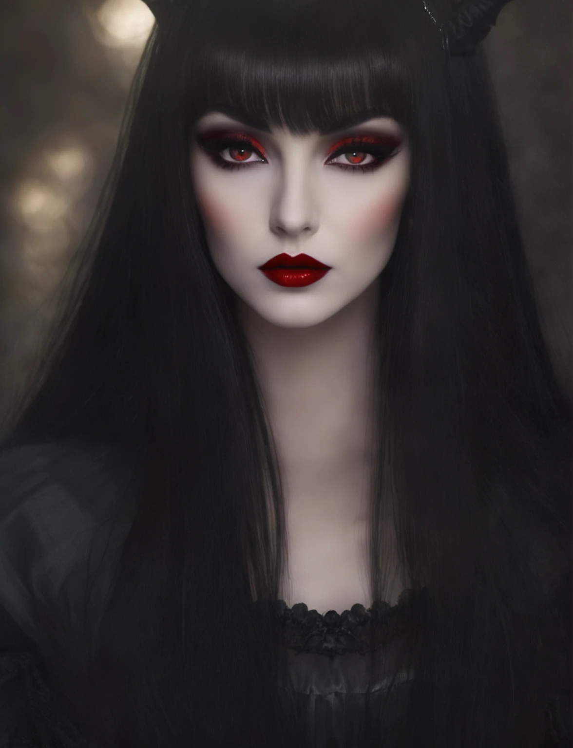 a close up of a woman with long black hair and red eyes,  earley, with haunted eyes and dark hair, portrait of a dark witch, vampire portrait, portrait of beautiful vampire, cute face. dark fantasy, dark vampire, beautiful vampire queen, with red glowing eyes, with glowing red eyes, beautiful vampire female queen, gothic girl face, beautiful female vampire