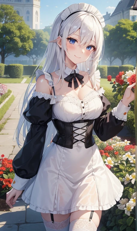 shine white skin.a girl, (((slim body))), (((Off-shoulder Maid clothes))),wet, ((( Flower Garden))), slim body, , slender, body, a pretty girl, Smile, black corset,very short skirt,White hair, ((white cream hair))), w, towa, long_hair, 1girl, solo, blue_eyes, bangs, hair_between_eyes, smile,(((GIANT breaths))),garter belt、