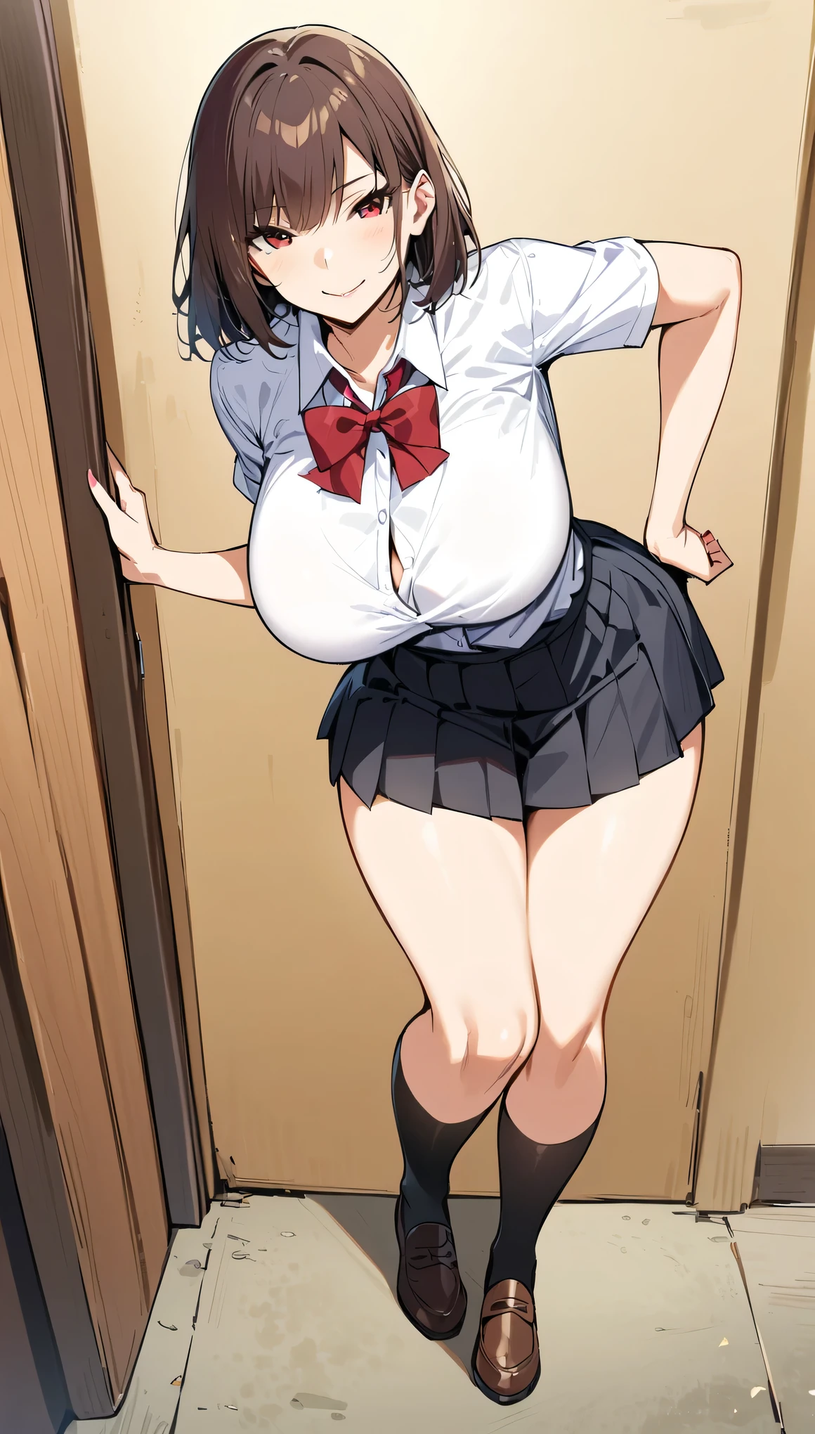 Realistic, Masterpiece, best Quality, perfect anatomy, (Detailed Eyes), One High School Girl, Navy blue school uniform, Huge breast, Sweat, ponytail, earrings,  pelvis curtain, (wide hips), shy smile, embarrassed, standing split, leg up,leg lift,standing on one leg, Short skirts, White panties, Exposed panties, Classroom