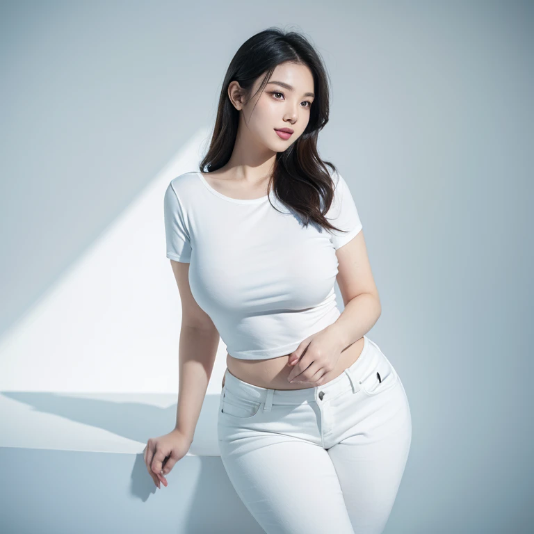 1 girl, standing , seductive smile, Highly detailed facial and skin texture, confident, sexy pose, full body, Solo, Waist up, Beautiful eyes, Close lips, Detailed face, Glowing black long hair, huge breasts, voluptuous, thicc, curvy, Long legs, wearing white shirt on top with tight long blue jean, dim light, ((plain background)), ((plain background)), (((empty background))) (((day)))