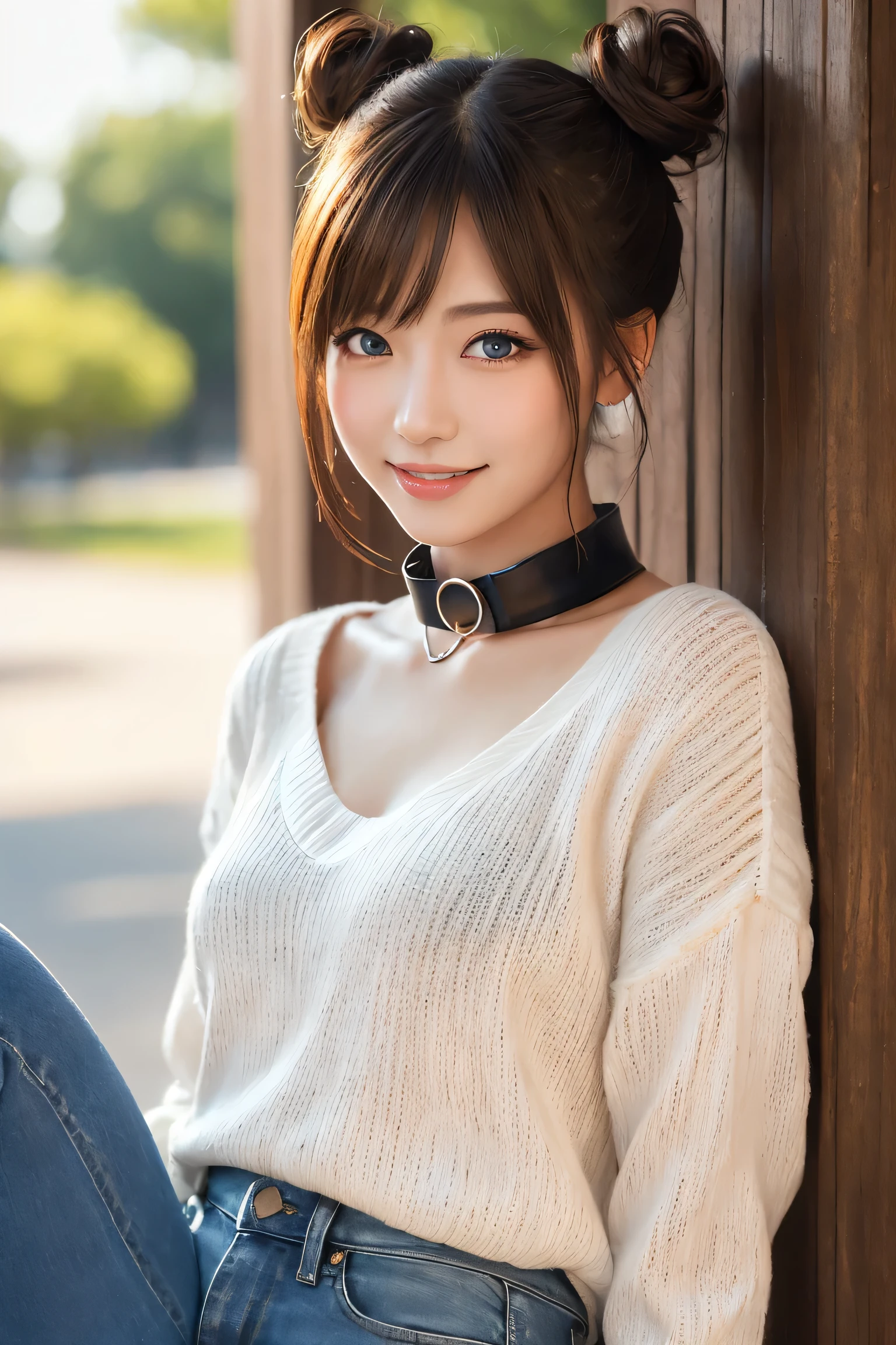 ((masterpiece)), ((best quality)), (ultra-detailed), ((kawaii)), cute, ((lovely)), ((extremely detailed)), ((extremely detailed)), ((extremely detailed)), 4K, (8K), (beautiful), illustration, (cowboy shot:1.3), outside, park, a cute girl, 1girl, soro, japanese, (black collar sweater:1.3), (v-neck plain sweater:1.3), (denim pants;1.3), (beautiful brown hair), ((beautiful hair)), (double buns), beautiful blue eyes, ((beautiful eyes)), white teeth, smile, (blush:1.2), shine with colored light,