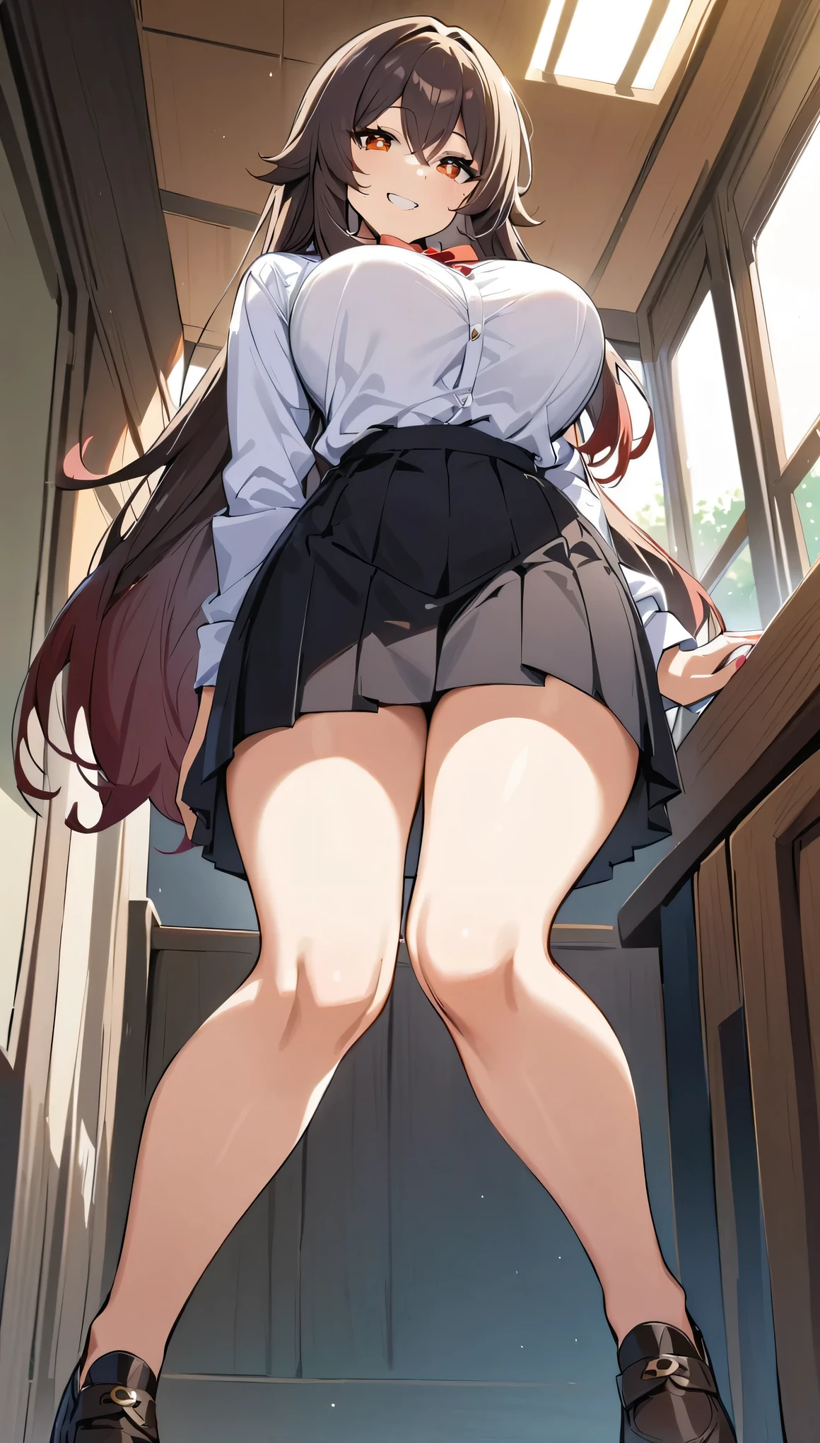 hu_tao(genshin impact),from below,masterpiece, best quality, highres, JK,huge tit,1girl,full body,breasts,looking at viewer,smile,pleated skirt,shirt tucked in,skirt,tented shirt,bowtie,in school