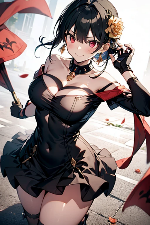 yor briar, anime style beutiful woman, 1girl,fullbody, happy, smile, red face, closed mouth, beautiful detailed eyes, super detailed skin, backlighting, bare shoulders, black background, black dress, black gloves, black hair, breasts, dress, earrings, fingerless gloves, floating hair, floral print, flower, gloves, gold earrings, gold hairband, hair flower, hair ornament, hairband, holding, holding weapon, jewelry, large breasts, long hair, looking at viewer, off-shoulder dress, off shoulder,red eyes, short hair with long locks, sidelocks, solo, spikes, thighs, two-sided dress, two-sided fabric, weapon, fighting stance , face, close up, from above, highest quality, high resolution.