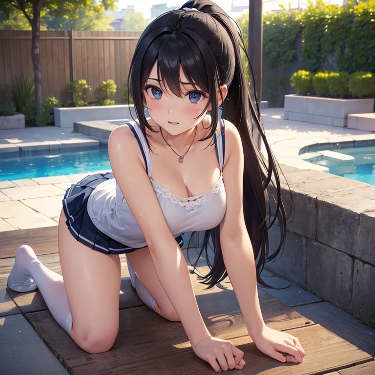 (best quality,4k,8k,highres,masterpiece:1.2),ultra-detailed,(realistic,photorealistic,photo-realistic:1.37),ponytail,black hair,high school girl,mini skirt,poolside, all fours,sunlight,bright colored clothes,slightly exposed necklin, White camisole、Blue lightly clench one hand、He holds out his slightly clenched hand towards me、Facing forward、Place a cushion under your body