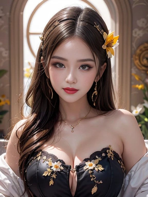 Beautiful girl: Asia, siêu dễ thương;
age: from 18-20 years old;
hair: copper orange color, smooth, lung linh dưới sunlight, detail;
skin: milk white, rosy and flawless, shiny metal;
eye: jet black, almond shaped, sexy, youthful, trong trẻo, siêu detail, elegant, charming, trang điểm high solution, true, attract viewers;
mí eye: delicate beauty, perfect;
eyebrow: cong, dear, high solution;
Face: beautiful, pure, like a fairy, Gentle makeup, lovely, cân đối perfect, đẹp đến từng detail;
nose: xinh, lovely, cao;
cheekbone: prominent;
lip: charming, light red lipstick, son bóng lovely;
răng: illustrious, Lily-white;
Charming smile, Show off your bright white teeth;
Body shape: full, charming, full of youth;
accessory: luxurious, fussily;
trang phục: high-class, Modern 2024, silk fabric;
Image quality: non-NSFW, 8K CG HD, high solution, Super nice graphics, professional, detail, colourful, ultrafine, advanced techniques, RAW true;
light: luxurious, complex color combinations, black gold rays;
sunlight: twinkle, illuminate the girl&#39;s body;
Wallpaper: brilliant flower garden, light rực rỡ;
photo subject: half body shot, modern masterpiece.