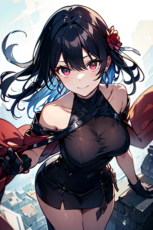 yor briar, anime style beutiful woman, 1girl, happy, sexy pause,(with sparkling eyes and a contagious smile:0.9),red face, closed mouth, beautiful detailed eyes, super detailed skin, backlighting, bare shoulders, black background, black dress, black gloves, black hair, breasts, dress, earrings, fingerless gloves, floating hair, floral print, flower, gloves, gold earrings, gold hairband, hair flower, hair ornament, hairband, holding, holding weapon, jewelry, large breasts, long hair, looking at viewer, off-shoulder dress, off shoulder,red eyes, short hair with long locks, sidelocks, solo, spikes, thighs, two-sided dress, two-sided fabric, weapon, fighting stance , face, close up, from above, highest quality, looking at viewer,high resolution.