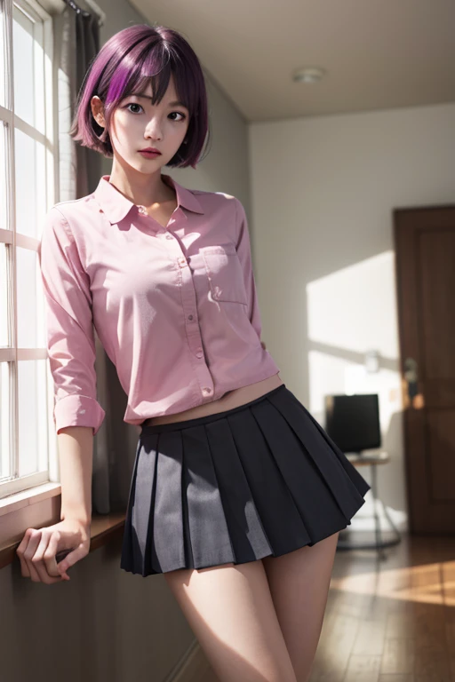  girl, short skirt, shirt slightly open, Short hair, violet eyes, in the room 