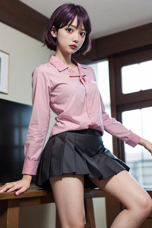 masterpiece, highest quality, High Resolution, S1, Senjagahara Hitagi, short hair, No sleeve, tie, mini skirt, Pleated skirt, Black thighs, Pink Shirt, indoor,