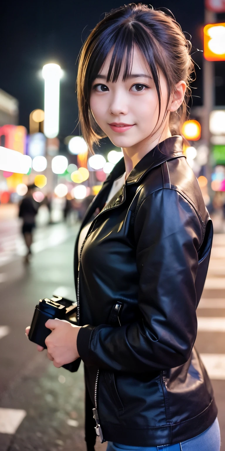 1 Girl, Tokyo Street,night, Streetscape,City lights,Upper Body,close,smile,, (8K, Raw photo, highest quality, masterpiece:1.2),(Realistic, photo-Realistic:1.37),