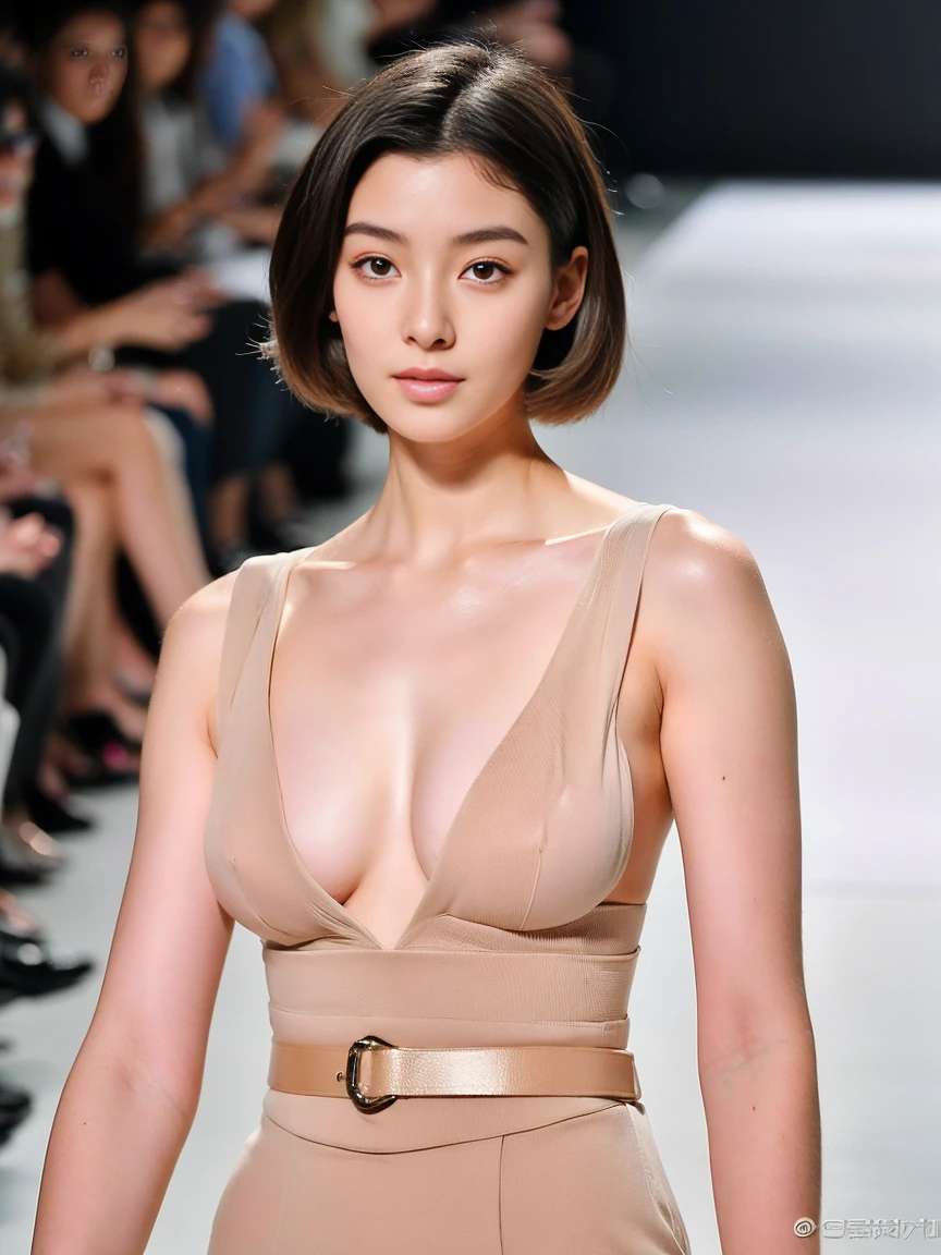(8k, highest quality, ultra detailed:1.37), (Hana), 31yo, (a South Korean fashion model), short hair, struts confidently on the runway during a prestigious fashion week event. Naked, nude, shiny nipple, show armpit, Hana's elegance and poise captivate the audience. The high-resolution image captures ultra-detailed realism, highlighting Hana's captivating eyes, flawless complexion, and fashionable hairstyle. The glamorous runway and stylish set design add to the visual appeal, creating a visually stunning representation of Hana's success in the fashion industry, huge breast 
