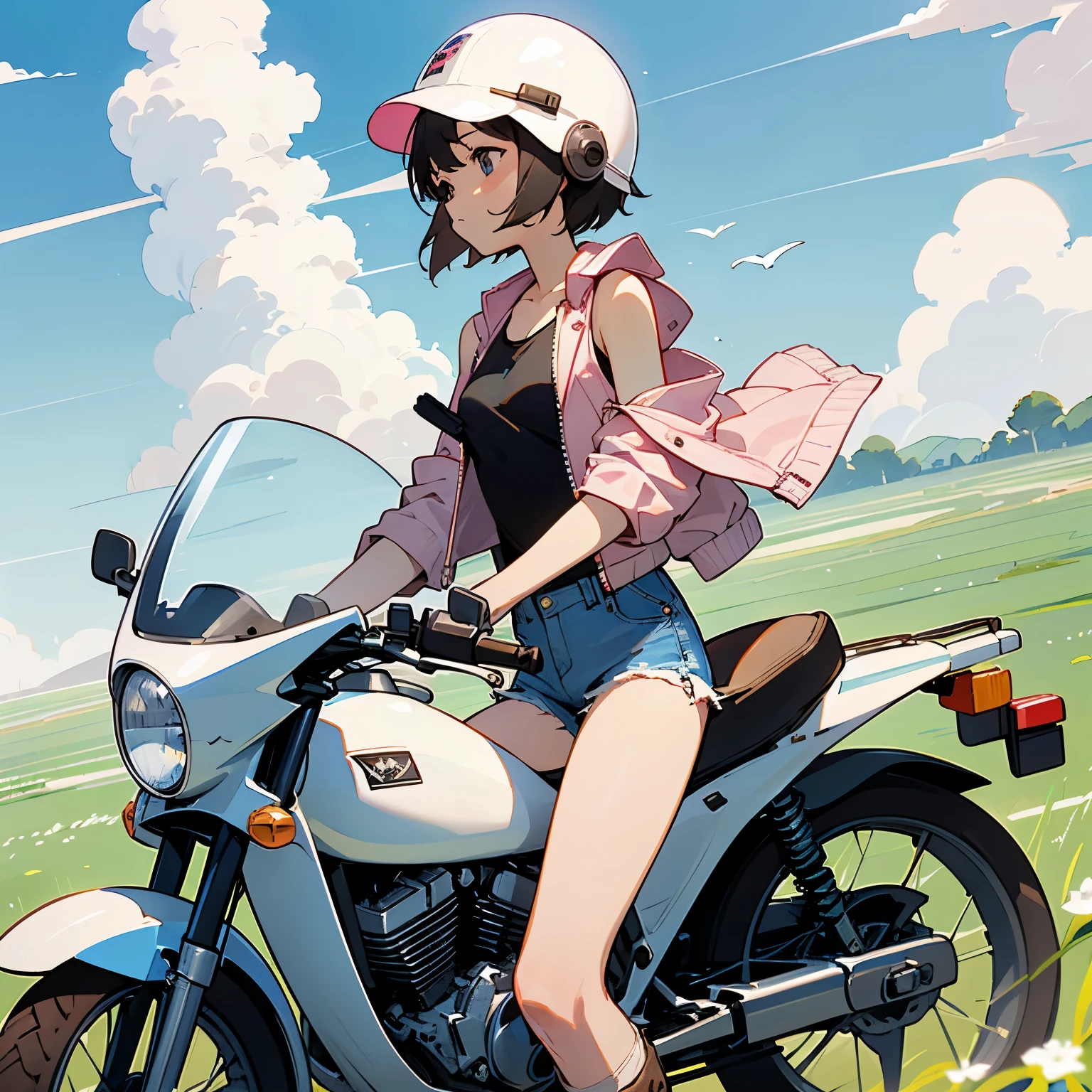 nsfw,(((masterpiece))), 1 girl, alone, looking at the viewer, short hair, brown hair, long sleeve, cleavage, closed mouth, clavicle, white micro bikini, ground vehicle, play sports often, bicycle,(sexual fluid overflowing)、(angle from behind:1.5)、bicycleにまたがっている、huge breasts、wide waist width