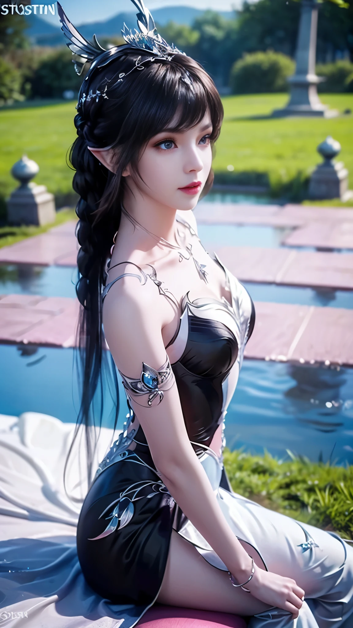 8k, masterpiece, a close up of a woman in a black dress, bare thigh, a beautiful fantasy empress, beautiful fantasy maiden, fantasy art style, trending on cgstation, beautiful and elegant elf queen, beautiful maiden, shining skin, intricate ornate anime cgi style, ((a beautiful fantasy black empress)), beautiful alluring Realistic woman, shining skin, in the park, sun shining, Realistic shadow, attractive poses, sitting, 