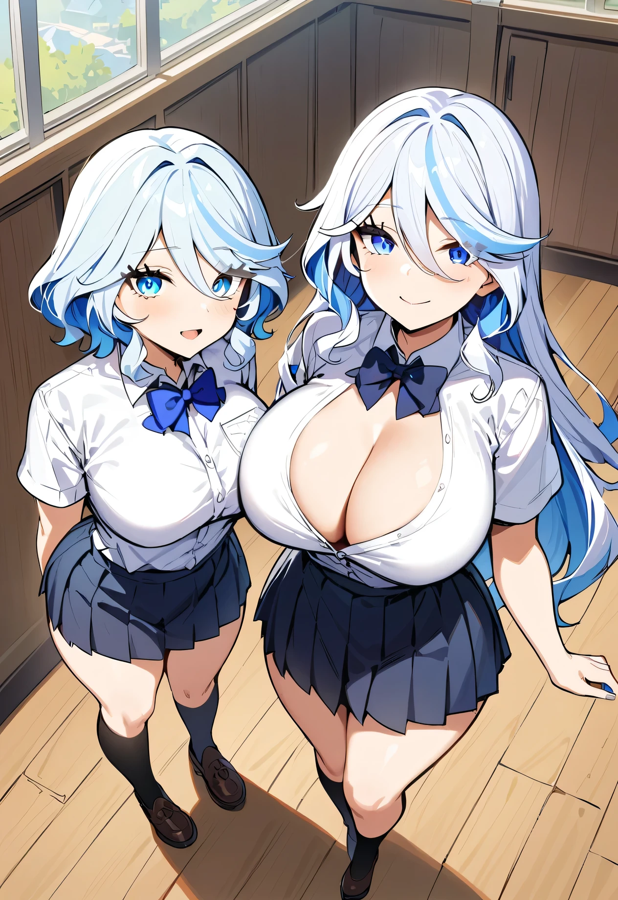 Sword Maiden, furina(genshin impact),from above,2girls, masterpiece, best quality, highres, JK,huge tit,full body,breasts,looking at viewer,smile,pleated skirt,shirt tucked in,skirt,tented shirt,bowtie,in school