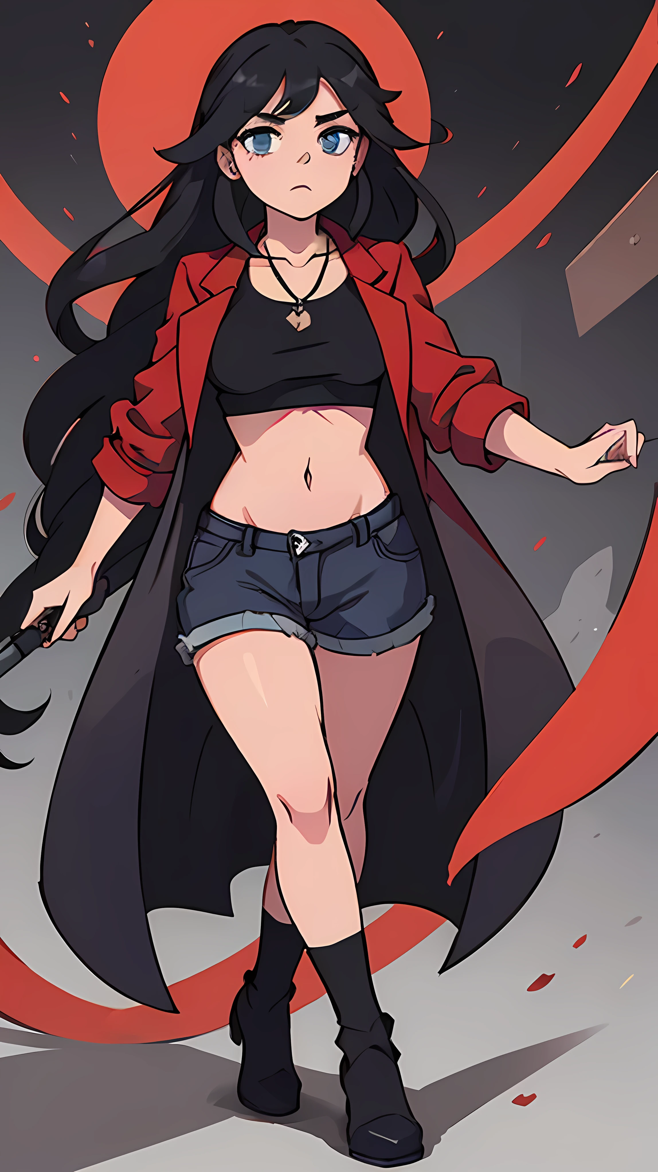 A brown girl medium sized and good ass with sexy legs with long black hair and blue eyes wear a black form-fitting crop top that showcases your curves, paired with black skinny jeans shorts that accentuate your physique.with a red overcoat shirt .The outfit is primarily in shades of red and black, giving you a bold appearance. To accessorize, you wear a silver pendant with a sparkling gemstone that matches your eyes, along with a pair of trendy heels to protect your feet during your journeys.as you had opened hairs
