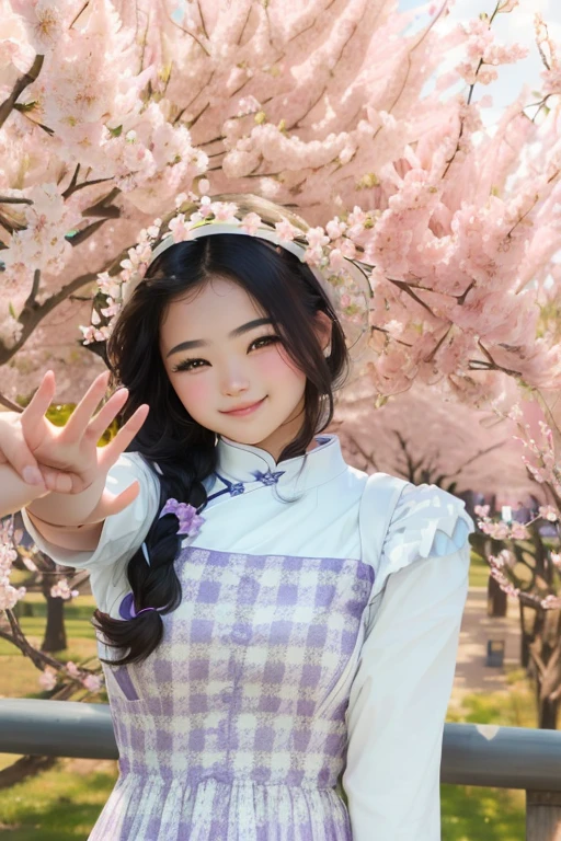 Teenage girl in white and purple checked dress poses for photo, Smile at the audience，Country style，Braid, Wearing Chinese clothing, 8k，Selfie photos，Pink cherry blossoms