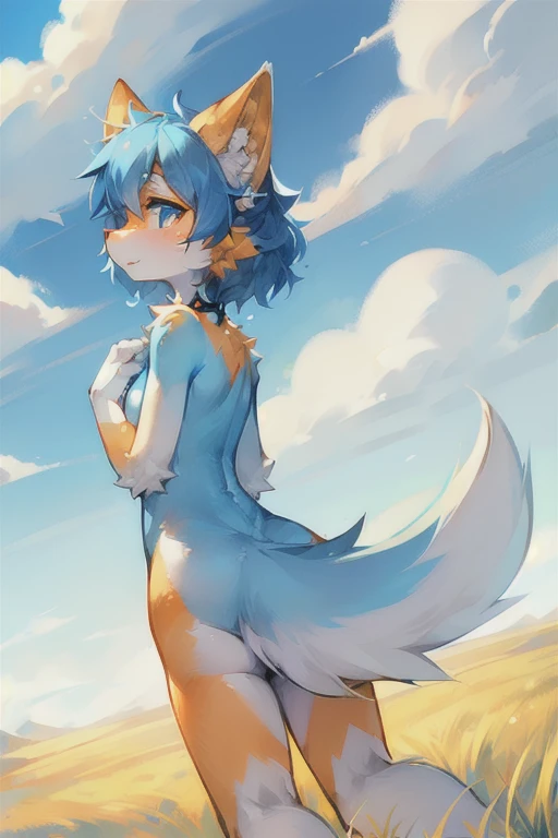 Fluffy, Lovely, woman, Blue fur, Small amount of orange fur, Light blue pupils, Pure white ears,Ear tip orange,Sky blue tail, Tail tip orange, Good shape, Bright sky, cloud, grassland, Solitary, 在grassland上