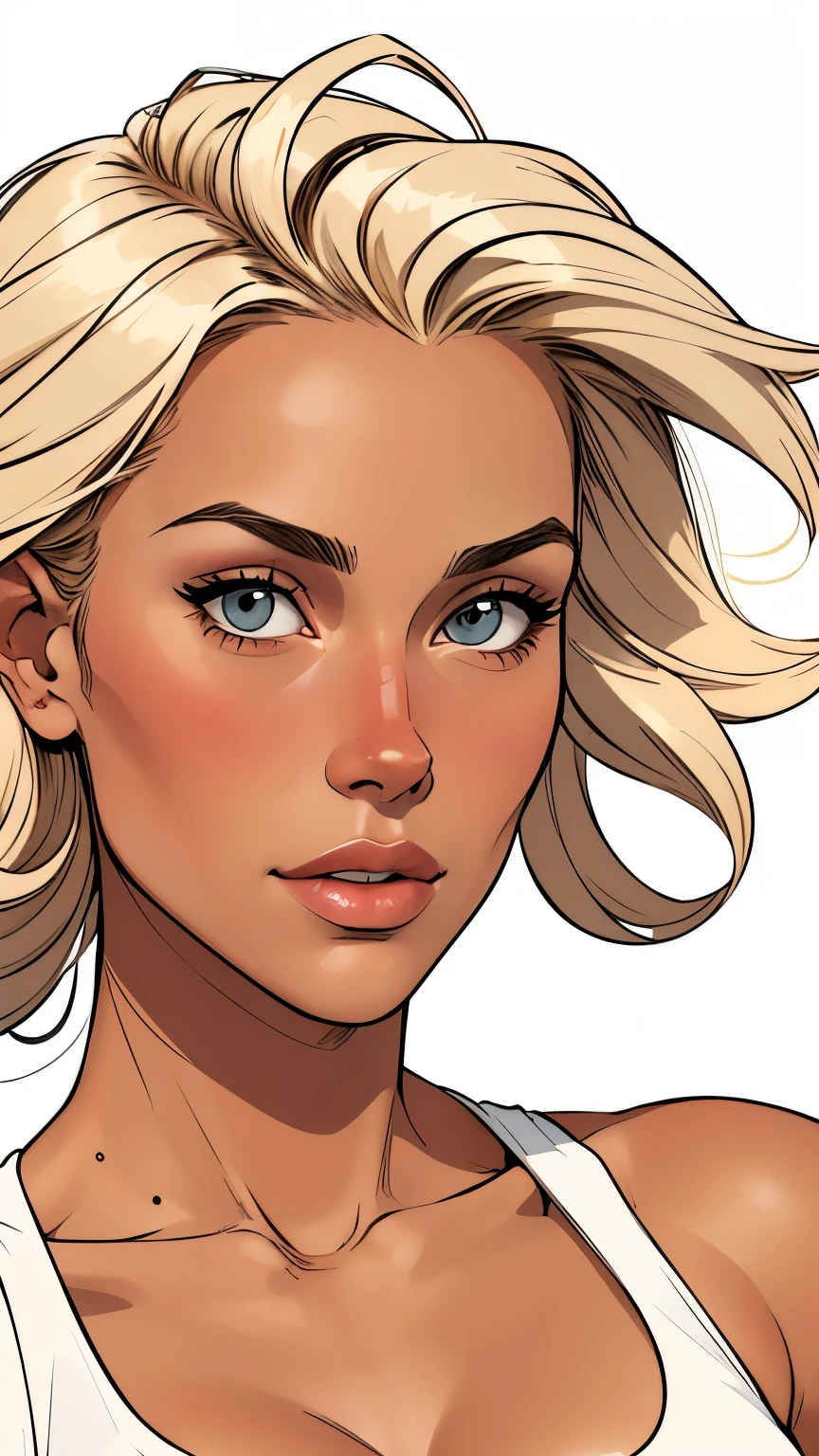 Flat colors, close up, portrait of a 25 year old surfer looking girl, tan skin, beach blonde salty hair, natural beaty, beautiful, casual, see thru tank top, Cleavage simply white background