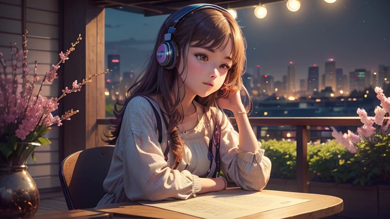 (a girl sitting in a garden),(illustration),(fine details, intricate patterns, vibrant colors),(best quality, ultra-detailed, photorealistic),(lo-fi, vintage),(soft, muted tones),(natural lighting),(Tokyo skyline and cherry blossoms merging into a night sky),(foreground: a turntable and a cafe table),(foreground details: a coffee cup and headphones),(banner with the channel name "Lo-Fi J Stream" in a modern font),(2048 x 1152 pixels or higher, file size below 6MB)