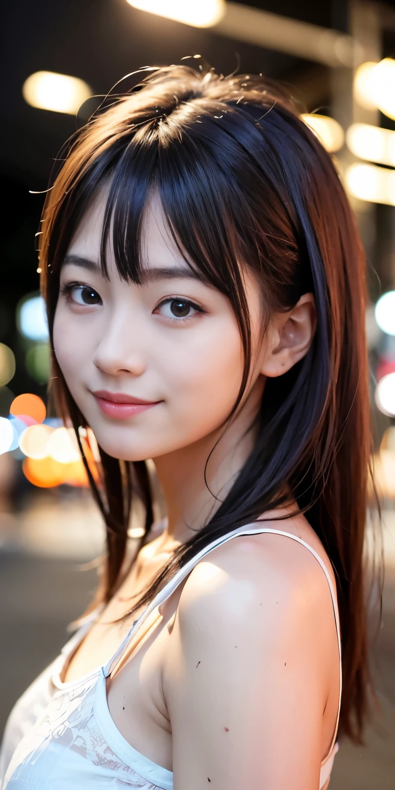 1 Girl, Tokyo Street,night, Streetscape,City lights,Upper Body,close,smile,, (8K, Raw photo, highest quality, masterpiece:1.2),(Realistic, photo-Realistic:1.37),
