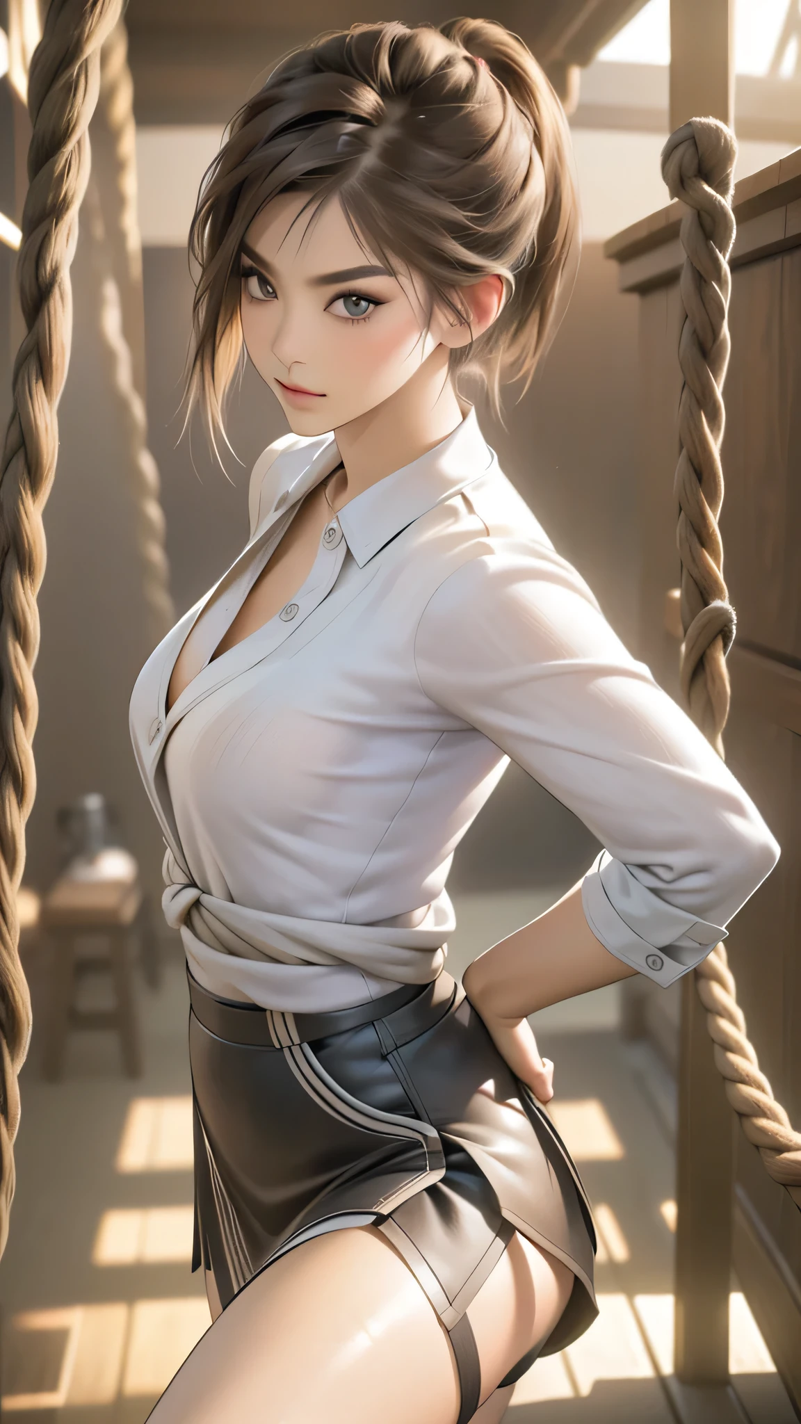 (in 8K、RAW shooting、top-quality、masuter piece:1.2)、ultra-detailliert、ultra res、(realisitic、rialistic photo:1.37)、portlate、high-definition RAW color photography、Professional Photography、highly detailed and beautiful、ighly detailed、8K Picture Wallpaper、amazing detailed、huge filesize、Official art、Highly detailed CG Unity 8K wallpapers、highly detailed beautiful girl、extra detailed face、extremely detailed eye、highlydetailed skin、extremely detailed fingers、highly detailed nose、very detailed detailed mouth、Perfect Anatomy、Detailed background、Detailed clothing、1 girl、(20:1.2)、in her 20s、Cute s、Realistic body、、de pele branca、glistning skin、Slim body、A dark-haired、((short-hair))、((poneyTail))、(well-groomed bangs: 1.4)、kawaii faces、Lifelike face、Delicate eyes、Sauce order、((Stylish office))、((Officelady))、(((no-bra)))、(((blancheYThe shirt)))、(((Female breasts are exposed.)))、((Black mini skirt))、((Black stockings))、((standing athletic pose))、((Strong men:1.5))、((Man hugging woman from behind、Grabbing a woman's breast))、((Men with all-back hair))、((Girl hanging from the ceiling with her arms tied by a rough rope))、perspiring、((Ropes tied her body))、a wet body、Rough rope that cuts into the crotch、A large amount of fluid flows out of the crotch、Torn bra、Wet clothes、One leg is hoisted above by a rough rope、tied up with ropes、Strongly tied up、Hands tied、legs hanging in shackles、((srestrained))、((opens legs))、((FULL BODYSHOT))、earrings、a necklace、A bracelet、((Face turned to the side))、((Look at the men))、Contrapo、Dynamic Lighting、((D cup with firmness))、((cleavage of the breast))、((Look behind you))、((Writhing expression))、
