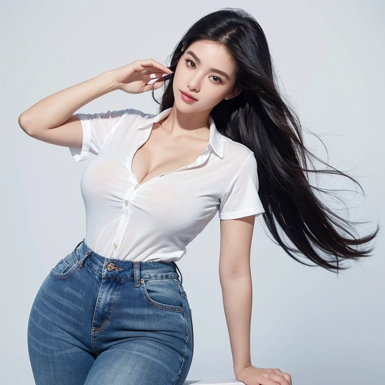 1 girl, standing , seductive smile, Highly detailed facial and skin texture, confident, sexy pose, full body, Solo, Waist up, Beautiful eyes, Close lips, Detailed face, Glowing black long hair, huge breasts, voluptuous, thicc, curvy, Long legs, wearing white Collared shirt on top with tight long blue jean, dim light, ((plain background)), ((plain background)), (((empty background))) (((day)))

