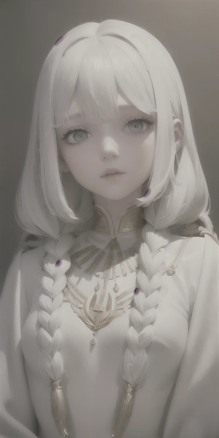 best quality, masterpiece,white hair, gold eyes,white clothes, looking up, upper body,hair strand,Fair skin,side braids