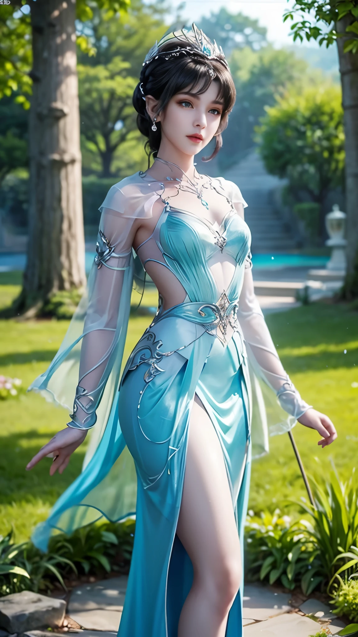 8k, masterpiece, a close up of a woman in a green dress, bare thigh, a beautiful fantasy empress, beautiful fantasy maiden, fantasy art style, trending on cgstation, beautiful and elegant elf queen, beautiful maiden, shining skin, intricate ornate anime cgi style, ((a beautiful fantasy green empress)), beautiful alluring Realistic woman, shining skin, in the park, sun shining, Realistic shadow, attractive poses,