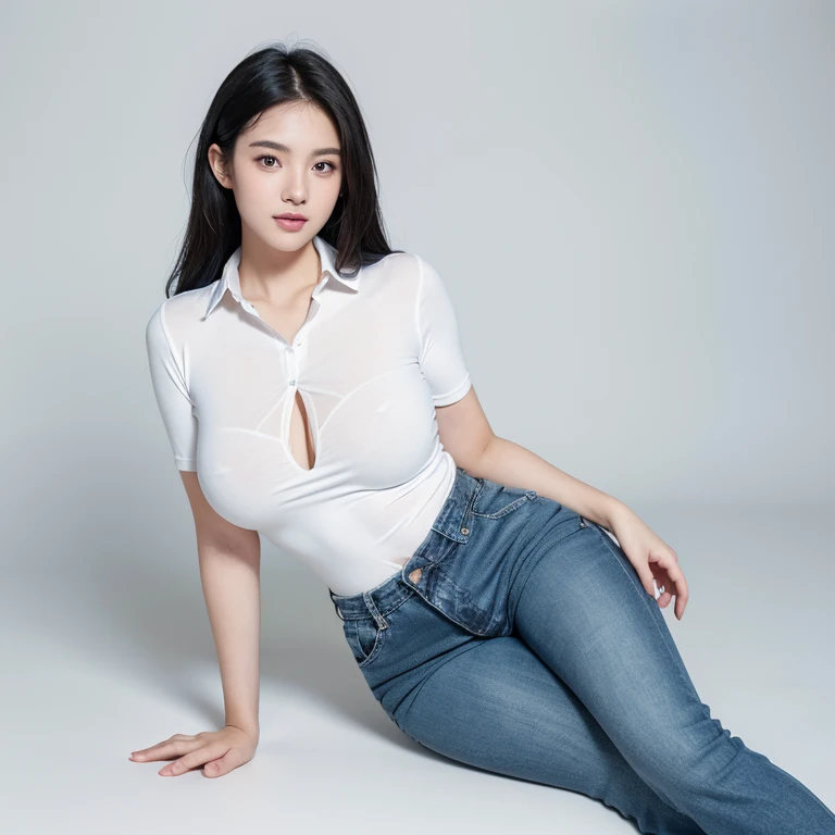1 girl, standing , seductive smile, Highly detailed facial and skin texture, confident, sexy pose, full body, Solo, Waist up, Beautiful eyes, Close lips, Detailed face, Glowing black long hair, huge breasts, voluptuous, thicc, curvy, Long legs, wearing white Collared shirt on top with tight short blue jean, dim light, ((plain background)), ((plain background)), (((empty background))) (((day)))
