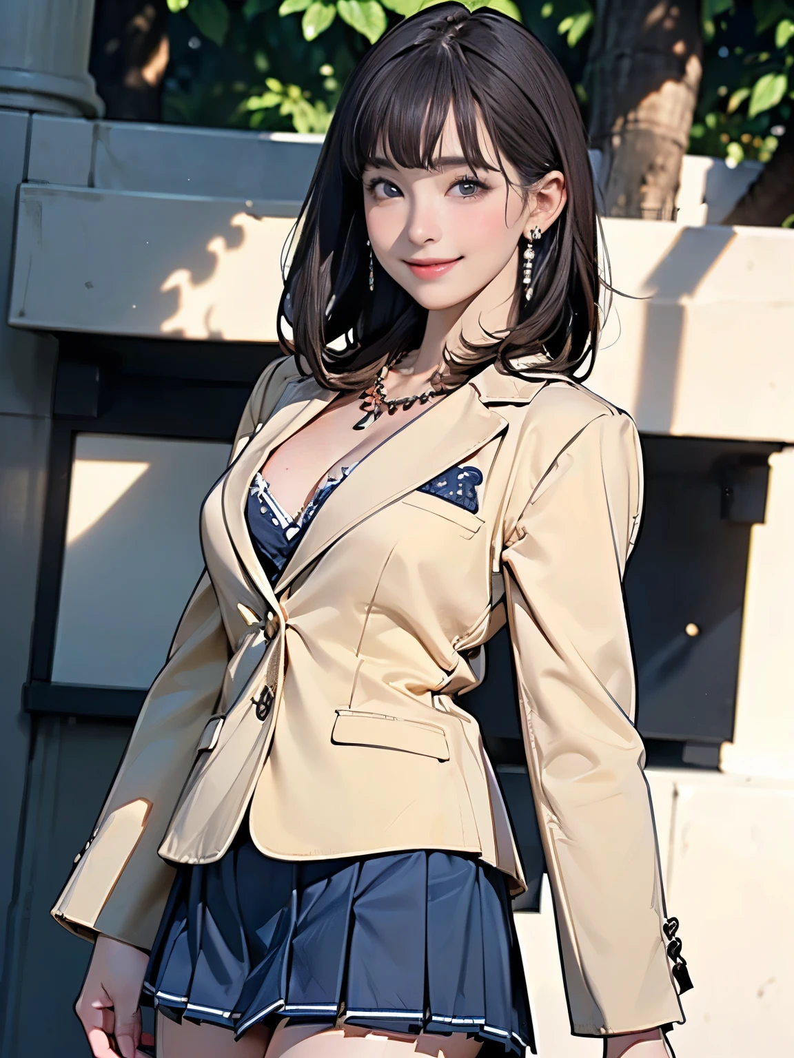 ((((highest quality))))、(((Ultra-precision CG16K wallpaper)))、(((masterpiece)))、(((Super detailed)))、(((Extreme detail)))、((1Mature 29 year old woman:1.6))、((Very beautiful Japanese faces))、((Yua Mikami:1.5))、((Straight medium hair、blunt bangs:1.5))、(Shiny brown hair)、Beautiful delicate brown eyes、eyeliner、eye shadow、High nose、Small nostrils、Small Mouth、Seductive lips、Beautiful breasts、((C cup size breasts))、Cleavage、Voluptuous body、eight-headed body、Perfect proportions、Perfect Anatomy、Perfect composition、Beautiful detailed shading、Beautiful, natural lighting、Beautiful detail glow、Depth of written boundary、(((High chroma)))、(((Real:1.9)))、((vivid:1.5))、((Beautiful Skin))、((Skin Texture))、((Realな皮膚感))、(((Cowboy Shot:1.6)))、((Front view、Front low angle:1.6))、(((smile:1.6)))、((The woman is looking at this:1.6))、Bright daylight、Natural light、(((Park Square、Trees:1.5)))、(Standing pose:1.5)、(((Navy blue blazer、Ivory cream pleated mini skirt outfit:1.6)))、((Earrings、Wearing a necklace:1.3))、