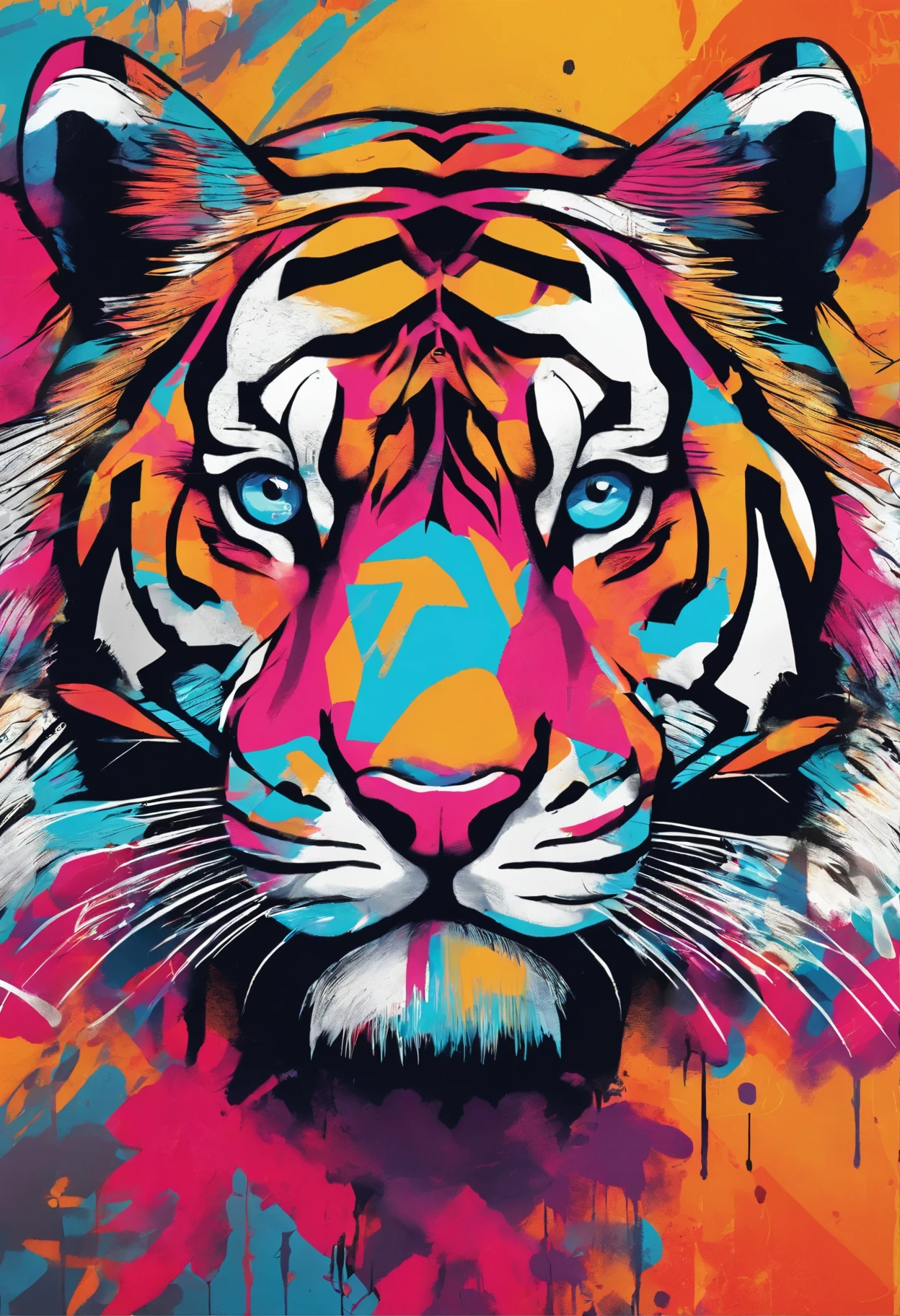 close up of tiger face half merged with background. vivid bright colours, abstract lines