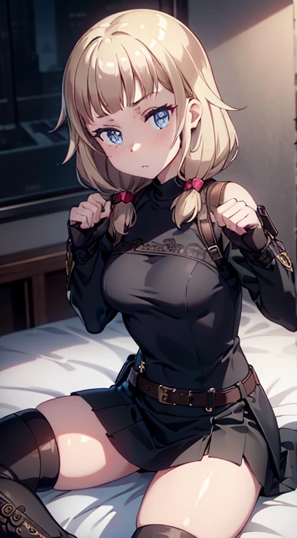 (Make the subject look three-dimensional with the contrast of light and shadow),Cute and beautiful 22yo girl,(masterpiece:1.2), best quality, high resolution, unity 8k wallpaper, (illustration:0.8), (beautiful detailed eyes:1.6), extremely detailed face, perfect lighting, extremely detailed CG, (perfect hands, perfect ???????),Brown hair,watching at viewers,black suspenders,(Bulging ,big breasts:1.1),Black miniskirt,garters,Gaze,Small face,bangss,holster,Belt Armament,Beautuful Women　srestrained,hands up,Leg holster ,sitting lying on the bed,Gaze,black boots,panty shot
