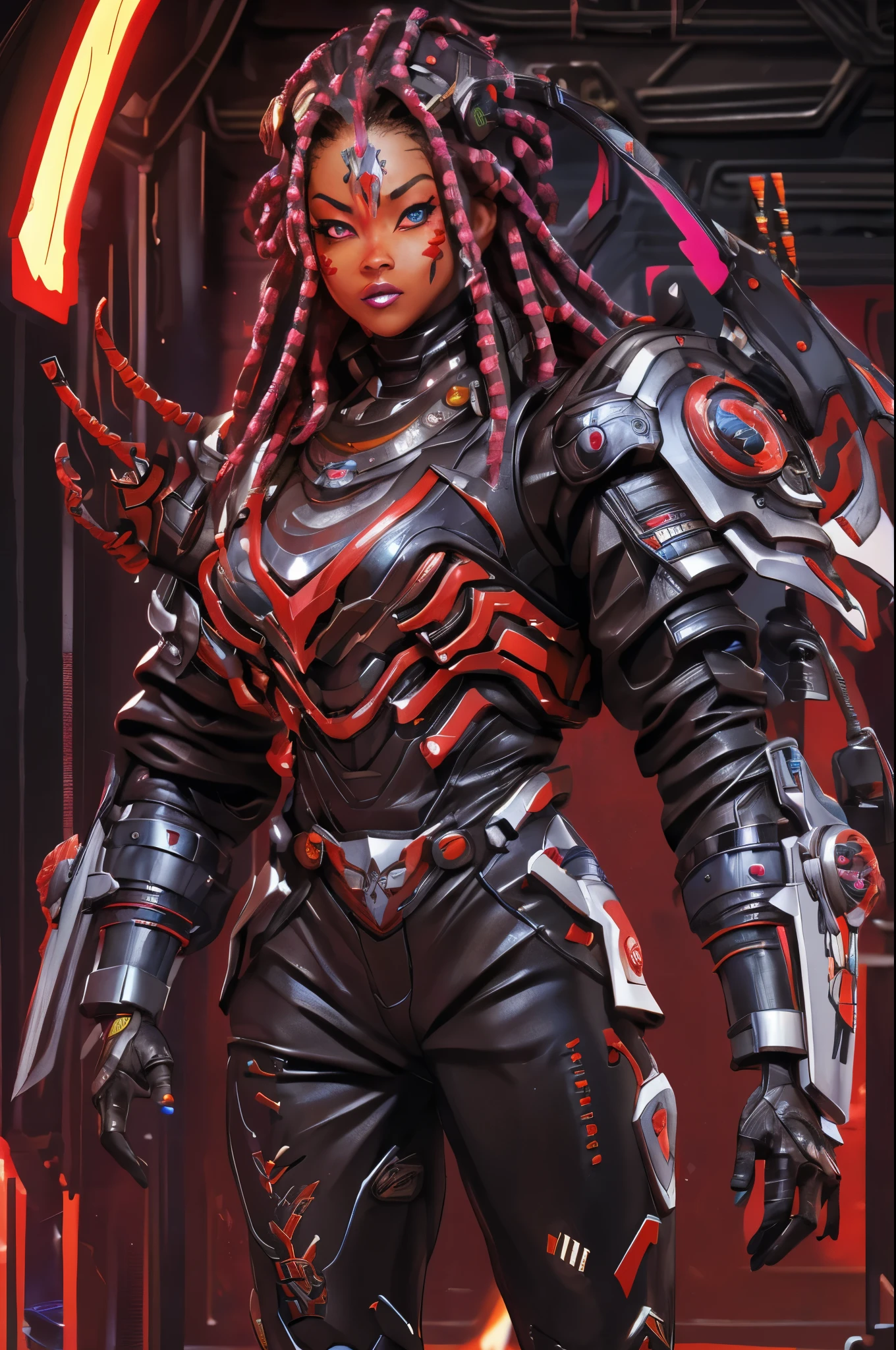 hyper realistic, epic, african american man cyborg soldier with dual samurai sword, red long dreadlocks, glowing neon X eyes, with shot gun on the side, heavy mecha armor, cybernetic, cyberpunk, colourful japanese stickers on armor, on planet venus, wasteland, apocalypse, baren venus planet, cinematic, volume lighting, Skin Diamond

