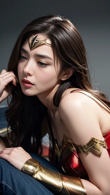 From the side,perfect wonder woman costume,Get on all fours,sleeping face,Close ~ eyes,Open your mouth,Tired face,Face of Suffering,sky face,sleeping face,Fight with the men,Surrounded by men,,caught between men,obsessed with men,Entanglement with men, Attacked by men,assaulted by men,Being bullied by a man,Sexually abused by a man,Captured by a man,Being restrained by a man、touch your face,、Hair is pulled hard,My head is grabbed,licked my hair,lick my face,brown hair, masterpiece、beautiful girl、fine 目、puffy eyes、highest quality, 超High resolution, (reality: 1.4), Cinema Lighting,so beautiful、Beautiful Skin、(super reality)、(High resolution)、(8k)、(Very detailed)、(beautiful and fine 目)、(Very detailed)、 Detailed face、slanted bangeshi hair、brown hair、20-year-old、Wonder Woman Cosplay,Wonder Woman's Tiara