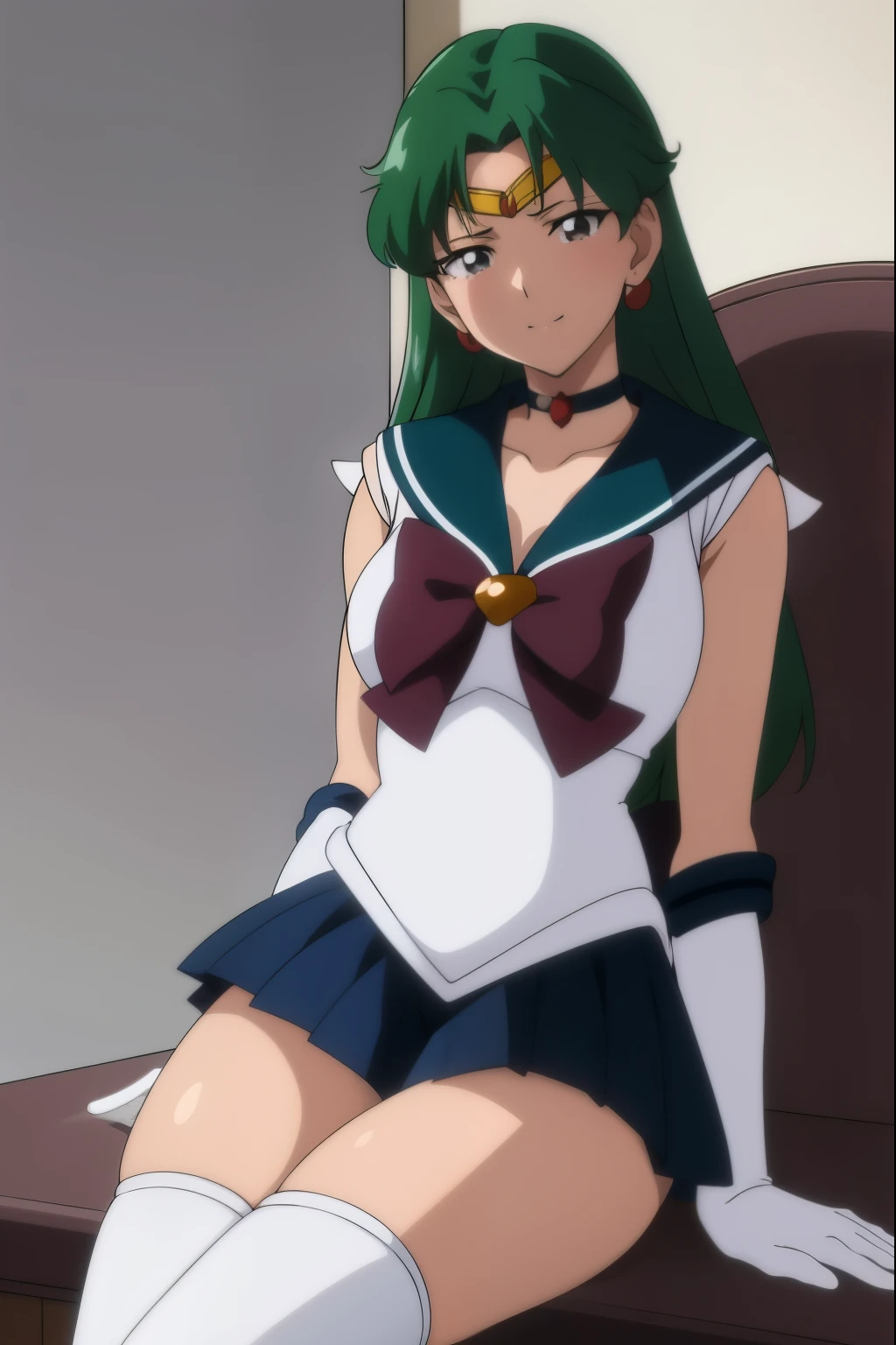 (anime:1.4), highest quality, White pantieasterpiece,Cowboy Shot,spread legs、show white panties,White shorts,
One girl, Sailor Neptune, White pantiesが見える、Mature Woman, Old age,Medium chest, Aqua Eye, Dark green hair, Medium Hair, (Sailor Warrior Uniforms:1.2), Buck Bow, White elbow gloves, Pleated skirt, View your viewers,blush, smile,Sitting