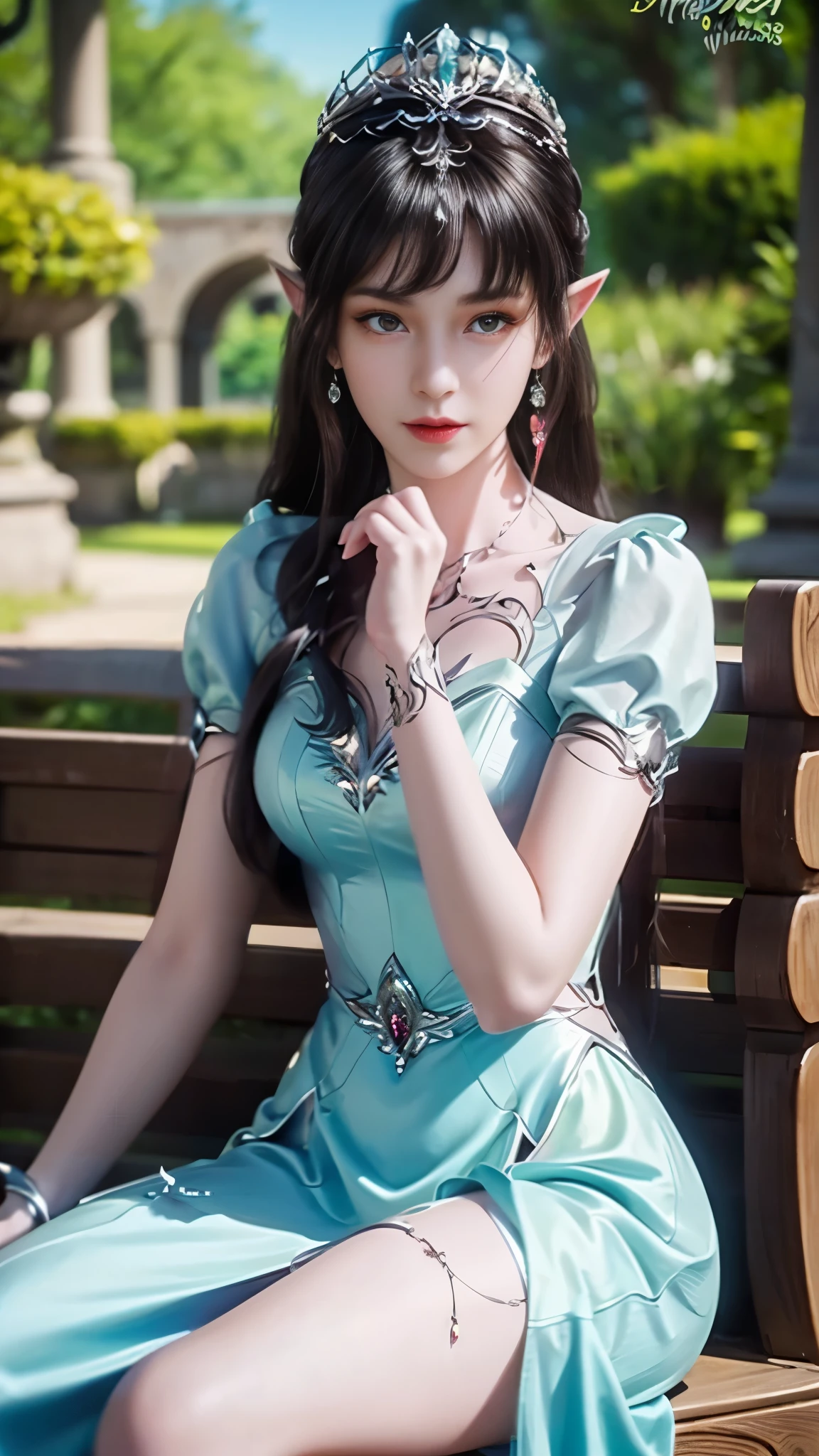 8k, masterpiece, a close up of a woman in a green dress, (cylindrical thigh), a beautiful fantasy empress, beautiful fantasy maiden, fantasy art style, trending on cgstation, beautiful and elegant elf queen, beautiful maiden, shining skin, intricate ornate anime cgi style, ((a beautiful fantasy green empress)), beautiful alluring Realistic woman, shining skin, in the park, sun shining, Realistic shadow, front poses, sitting,