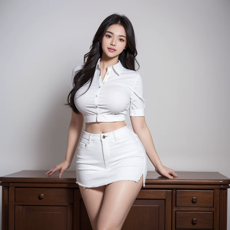 1 girl, standing , seductive smile, Highly detailed facial and skin texture, confident, sexy pose, full body, Solo, Waist up, Beautiful eyes, Close lips, Detailed face, Glowing black long hair, huge breasts, voluptuous, thicc, curvy, Long legs, wearing white Collared shirt on top with tight long jean sleeve skirt, dim light, ((plain background)), ((plain background)), (((empty background))) (((day)))