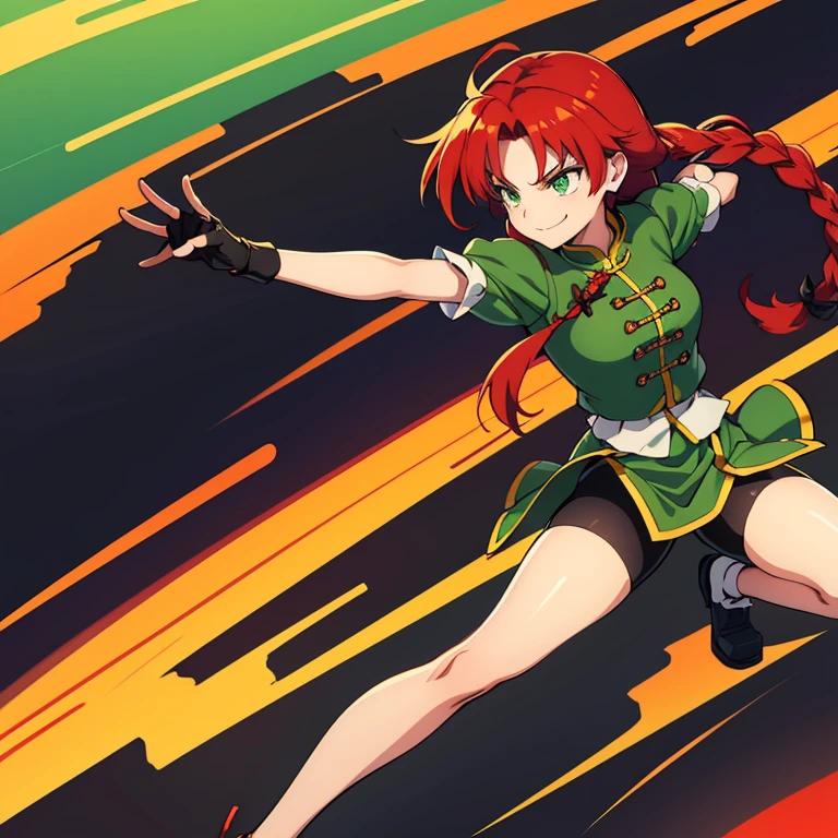 Solo, one girl, Hong Meiling, touhou, masterpeice, red hair, long hair, side braids, green eyes, fighting gloves, green chinese dress, bike shorts, fighting pose, smirk, full body