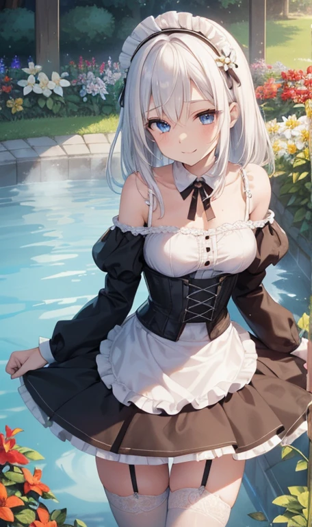 high-level image quality、top-quality、Detailed drawing、Does not blush cheeks、Slender adult beauty、maid clothes、White swimwear、Small eyes、knee high、Stockings、Medium chest、straight haired