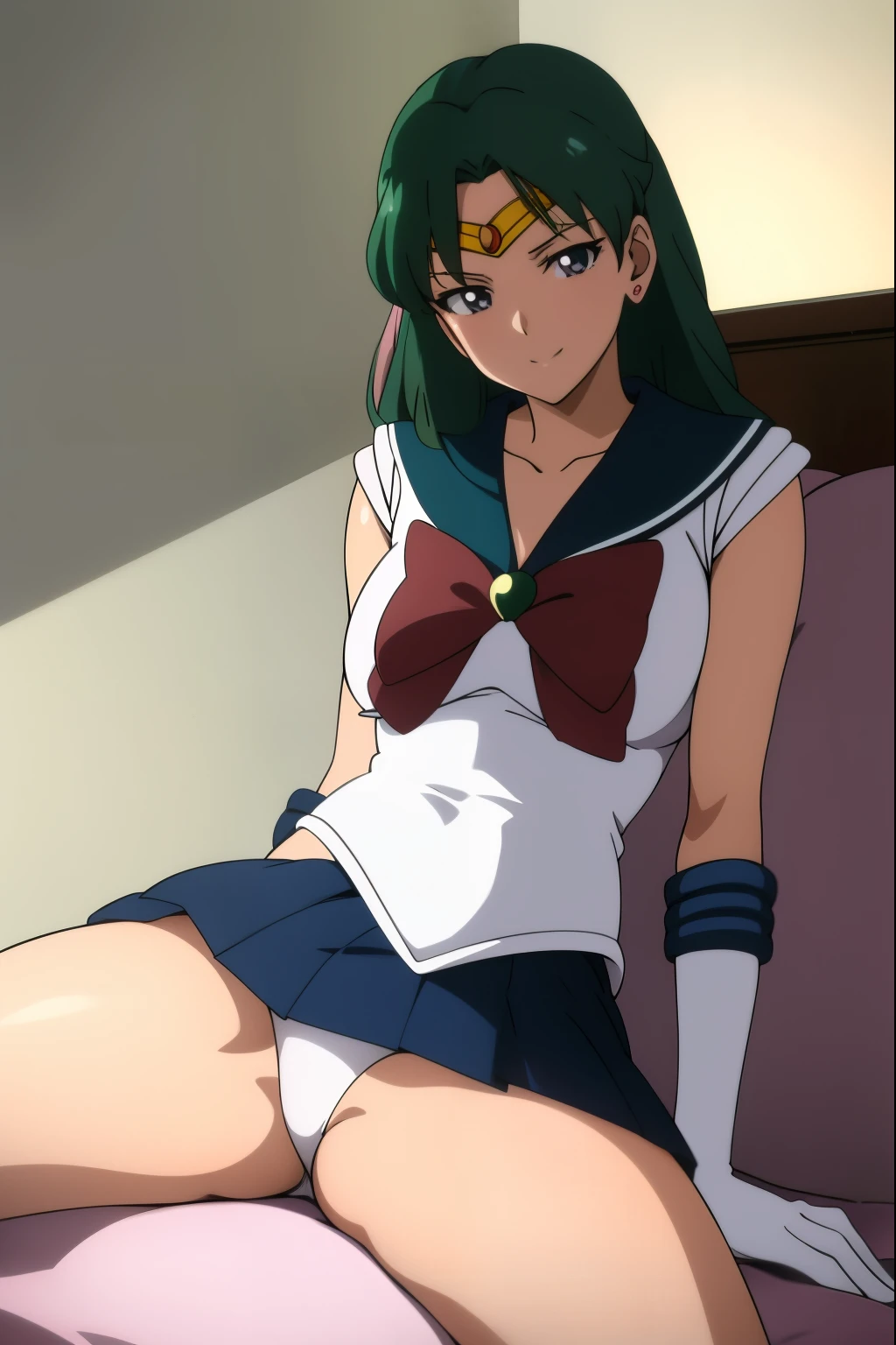 (anime:1.4), highest quality, White pantieasterpiece,Cowboy Shot,spread legs、show white panties,White shorts,
One girl, Sailor Neptune, White pantiesが見える、Mature Woman, Old age,Medium chest, Aqua Eye, Dark green hair, Medium Hair, (Sailor Warrior Uniforms:1.2), Buck Bow, White elbow gloves, Pleated skirt, View your viewers,blush, smile,Sitting