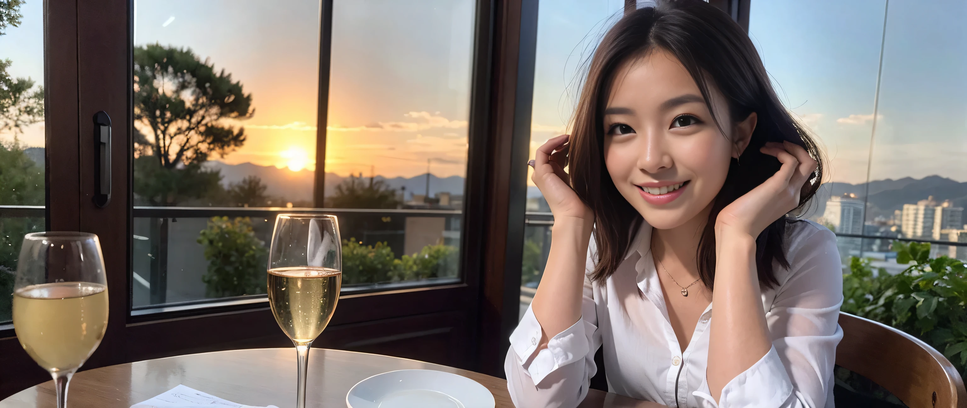 ((highest quality、8k、masterpiece:1.3))、Sharp focus:1.2、Beautiful woman perfect body:1.4、Slim body、((Bob Hale、Straight hair:1.2))、(to be born, highest quality, masterpiece:1.5), (Realistic, Intricate details:1.2), Ultra-high resolution, Amazing view of the sunset sky and clouds、Amazing mountain views、A bright smile、A lovely woman with a smile、Bright image、2. The beauty of wine, Beautiful Face, blue eyes, The light shines on your face, Blushing, short hair,Bright Face、Fox face、 (36 years old), 39 years old, Lady、red wine 、Appetizers、Italian food、Wine bottle、Champagne、sparkling wine、Two beauties、Brown Hair、Shortcuts、Long sleeve shirt、dress、Pretty Woman 1, (Slim face), (The body is slim), (Brown Hair), (Shortcuts), cheeks turn a little red,Attractive beauty、, Out of the window, A beautiful and detailed night view unfolds.........., restaurant, In a prominent place (From the waist up) Nova Frog Style, actress, model, Upper Body, White wine, slim, wine glass, A wine glass placed in the middle, smile, (smile: 1.15), Beautiful fine grain, Depth f/2,saturation, High Contrast, Strong light and shadow,Moist Body:1.5、3D texture、Delicate eyes、Brown Hair、The hair is very shiny、