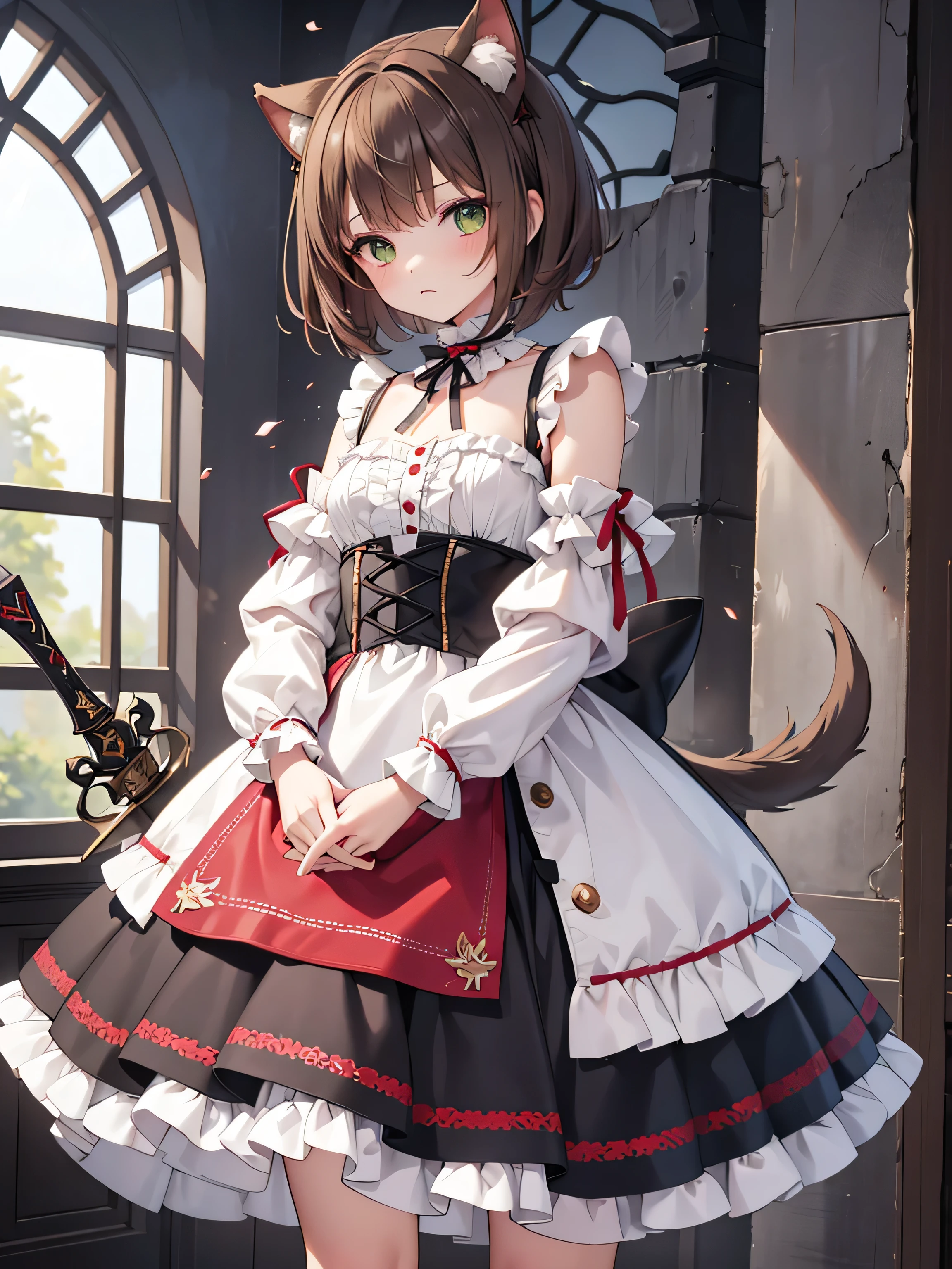 10-year-old girl, one person, Green eyes half closed, Brown Hair, Dog ears, Dog tail, Short Bob Hair, Small breasts,red and white gothic lolita, mini skirt, Holding a large sword in both hands, Short stature, Look to the side, 32K image quality, old battlefield, Clothes with very detailed embroidery,