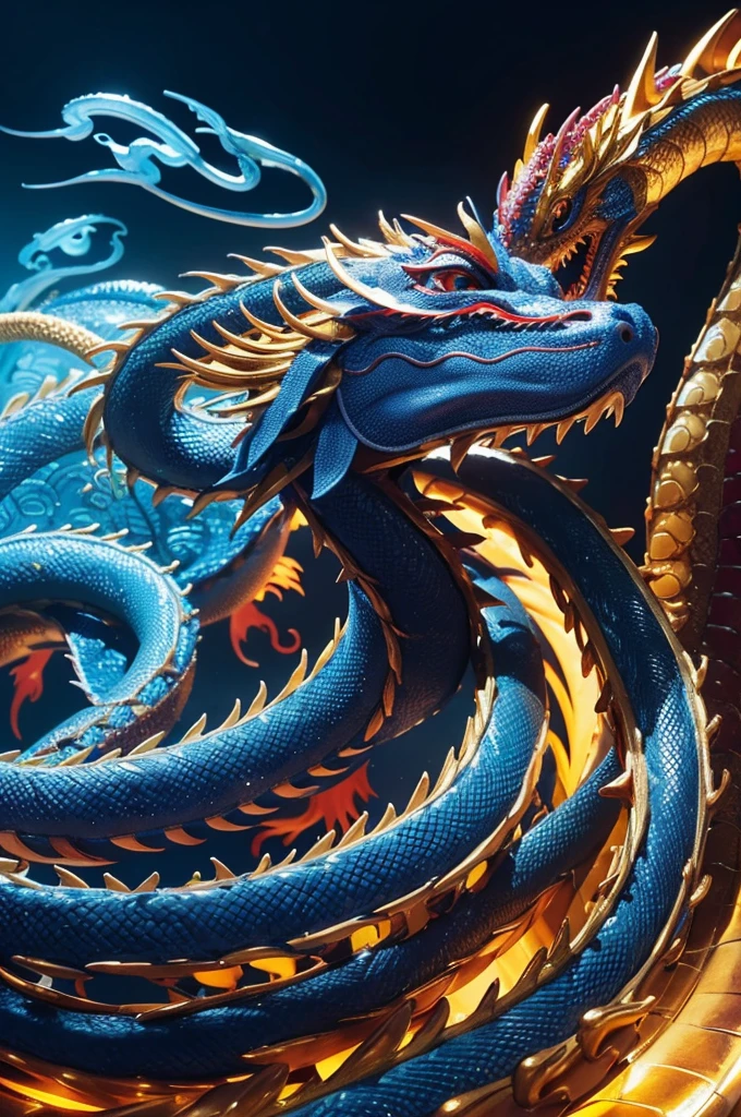 Chinese dragon,Dragon Body,Golden dragon whiskers,Blue dragon scales