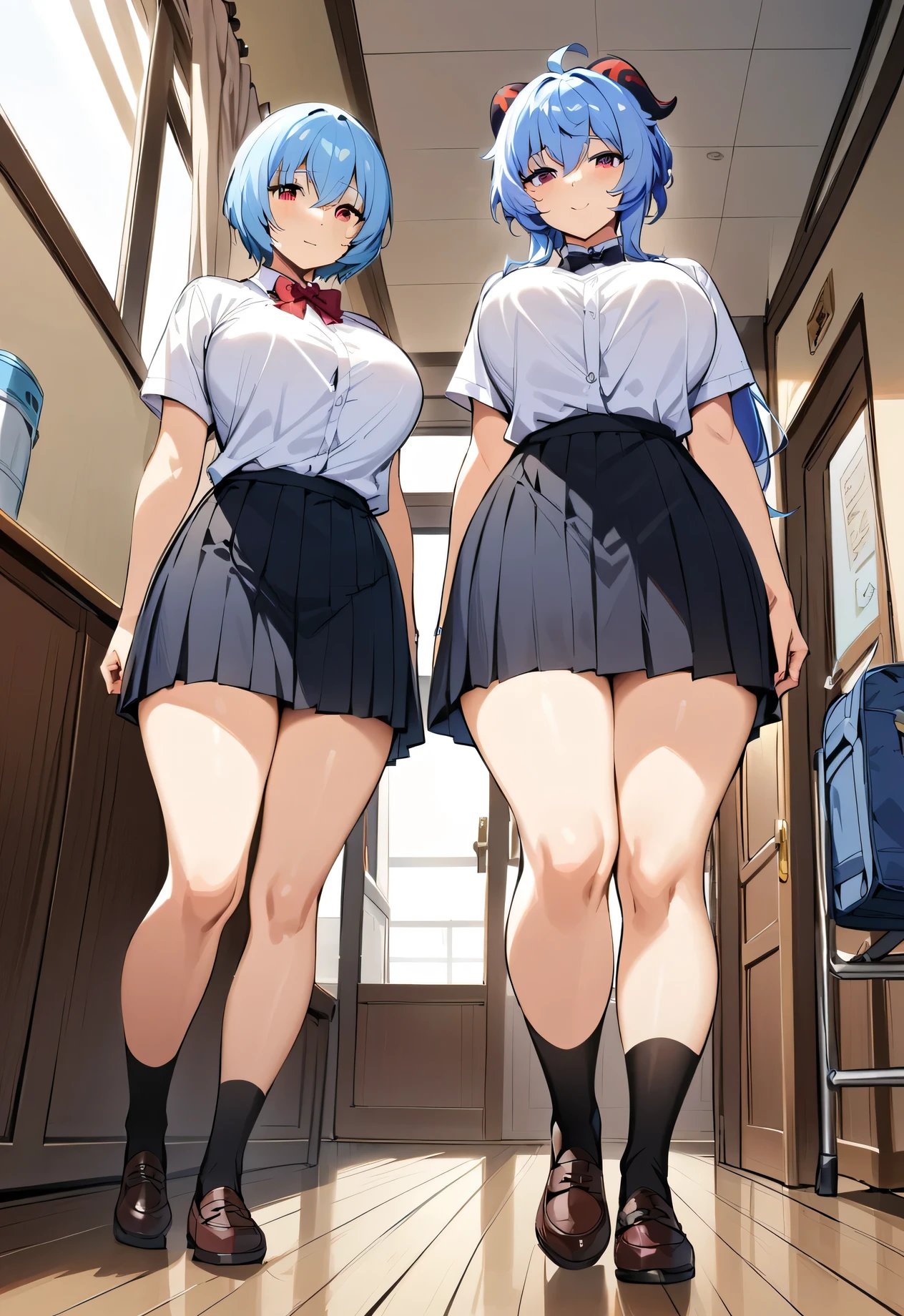 they are two girls in a bedroom, passionate pose, sexy dominant pose, commission for high res, dominant pose, (first girl short black hair and blue eyes), (second girl Long pink Hair and pink eyes), (16 years old), (school uniform), white stockings，in classroom，full-body view，grab breast, (breast grab from behind), nsfw