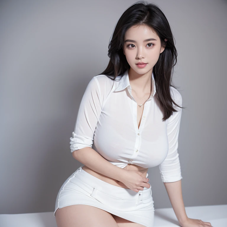 1 girl, standing , seductive smile, Highly detailed facial and skin texture, confident, sexy pose, full body, Solo, Waist up, Beautiful eyes, Close lips, Detailed face, Glowing black long hair, huge breasts, voluptuous, thicc, curvy, Long legs, wearing white Collared shirt on top with tight short mini jean skirt, dim light, ((plain background)), ((plain background)), (((empty background))) (((day)))