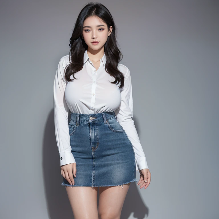 1 girl, standing , seductive smile, Highly detailed facial and skin texture, confident, sexy pose, full body, Solo, Waist up, Beautiful eyes, Close lips, Detailed face, Glowing black long hair, huge breasts, voluptuous, thicc, curvy, Long legs, wearing white Collared shirt on top with tight short mini jean skirt, dim light, ((plain background)), ((plain background)), (((empty background))) (((day)))