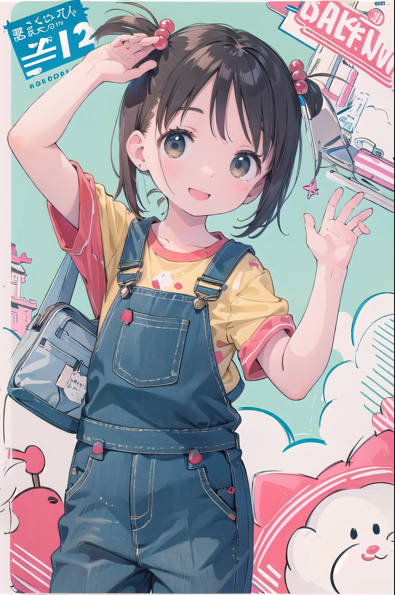 8-year-old、pretty girl、Overalls、A happy smile