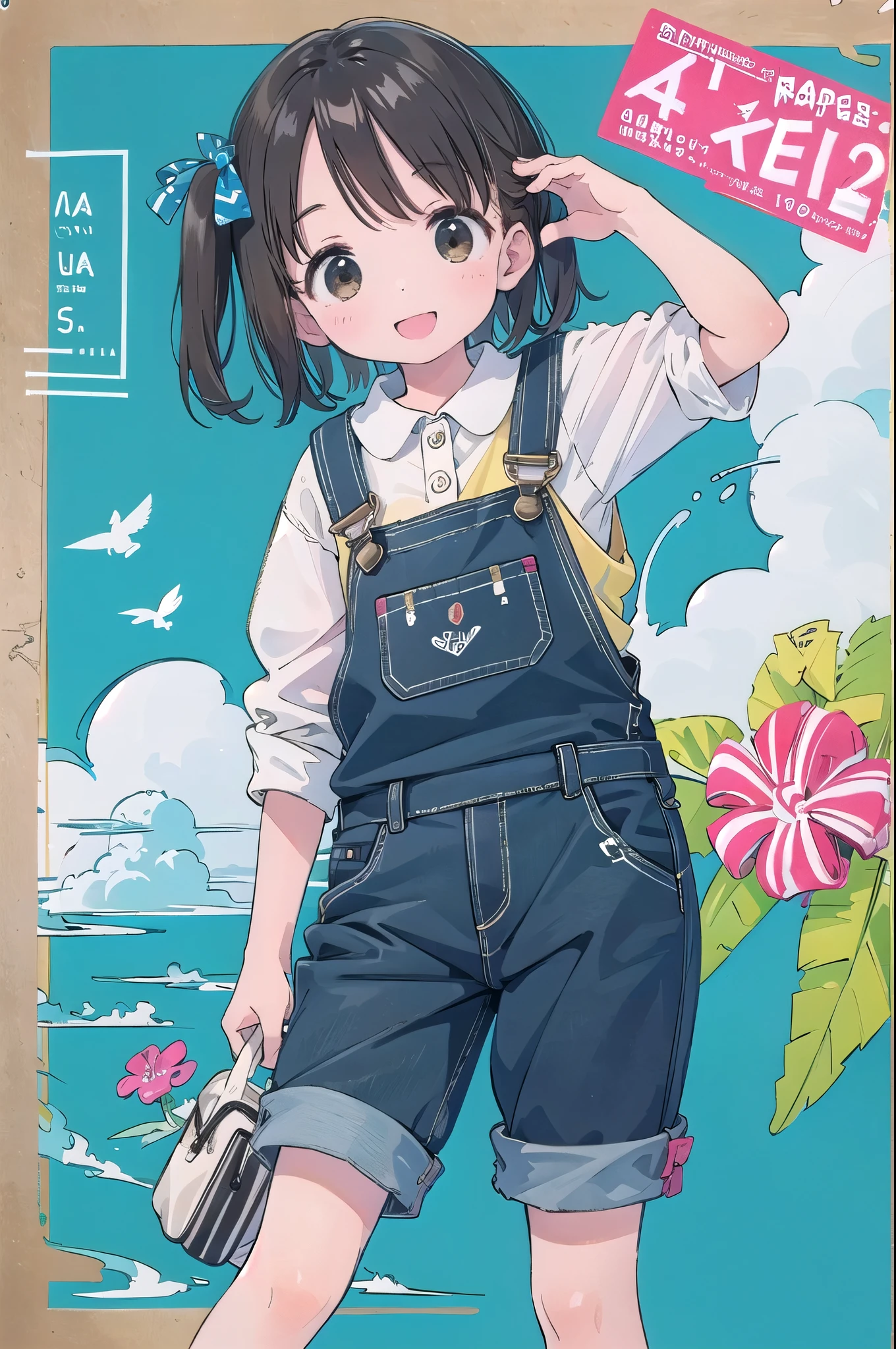 8-year-old、pretty girl、Overalls、A happy smile